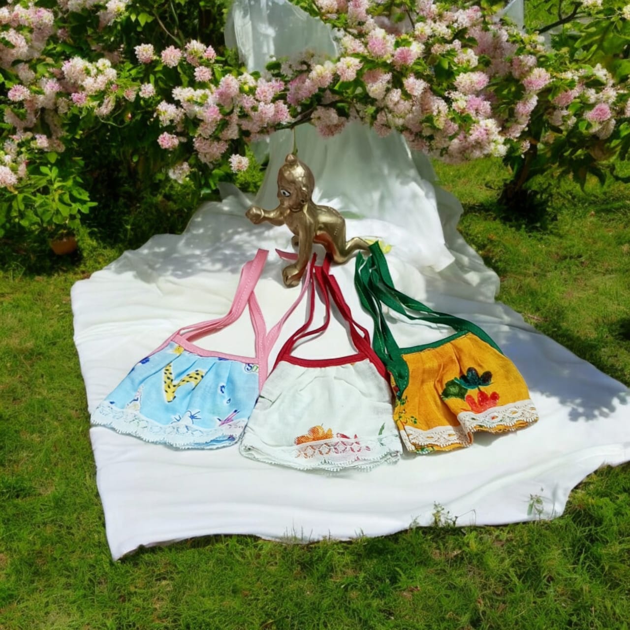 Set of 3 multi-color jhabla summer dresses for Laddu Gopal 2-3 No., comfortable night dress for Bal Gopal idols.