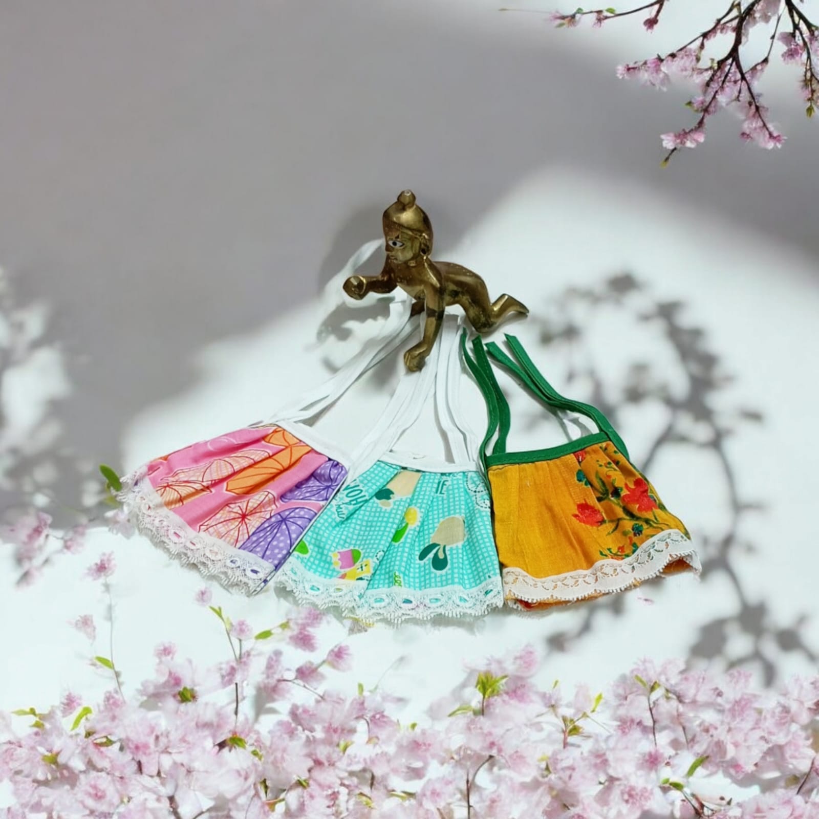 Set of 3 multi-color jhabla summer dresses for Laddu Gopal 5-6 No., comfortable night dress for Bal Gopal idols.