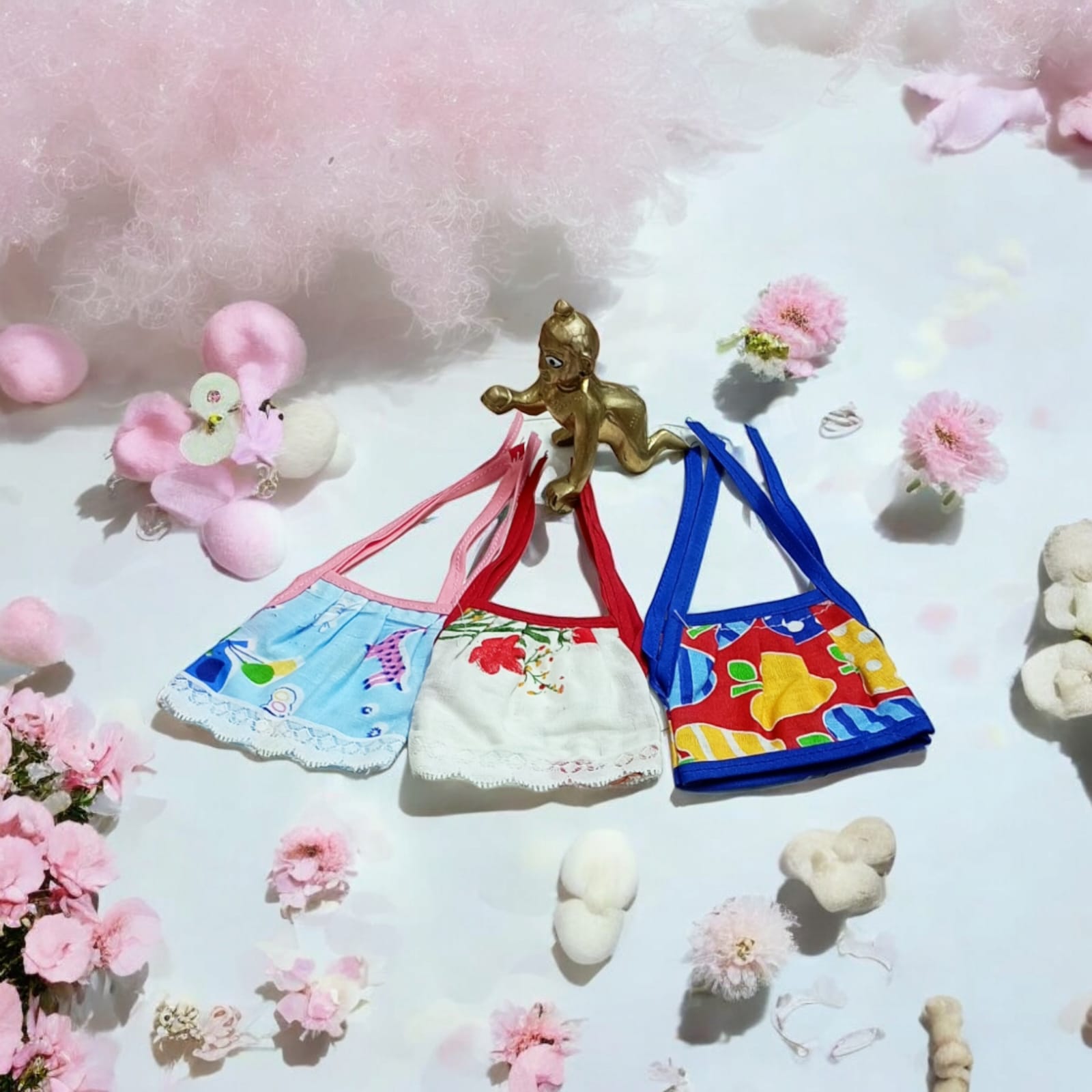 Set of 3 multi-color jhabla summer dresses for Laddu Gopal 5-6 No., comfortable night dress for Bal Gopal idols.