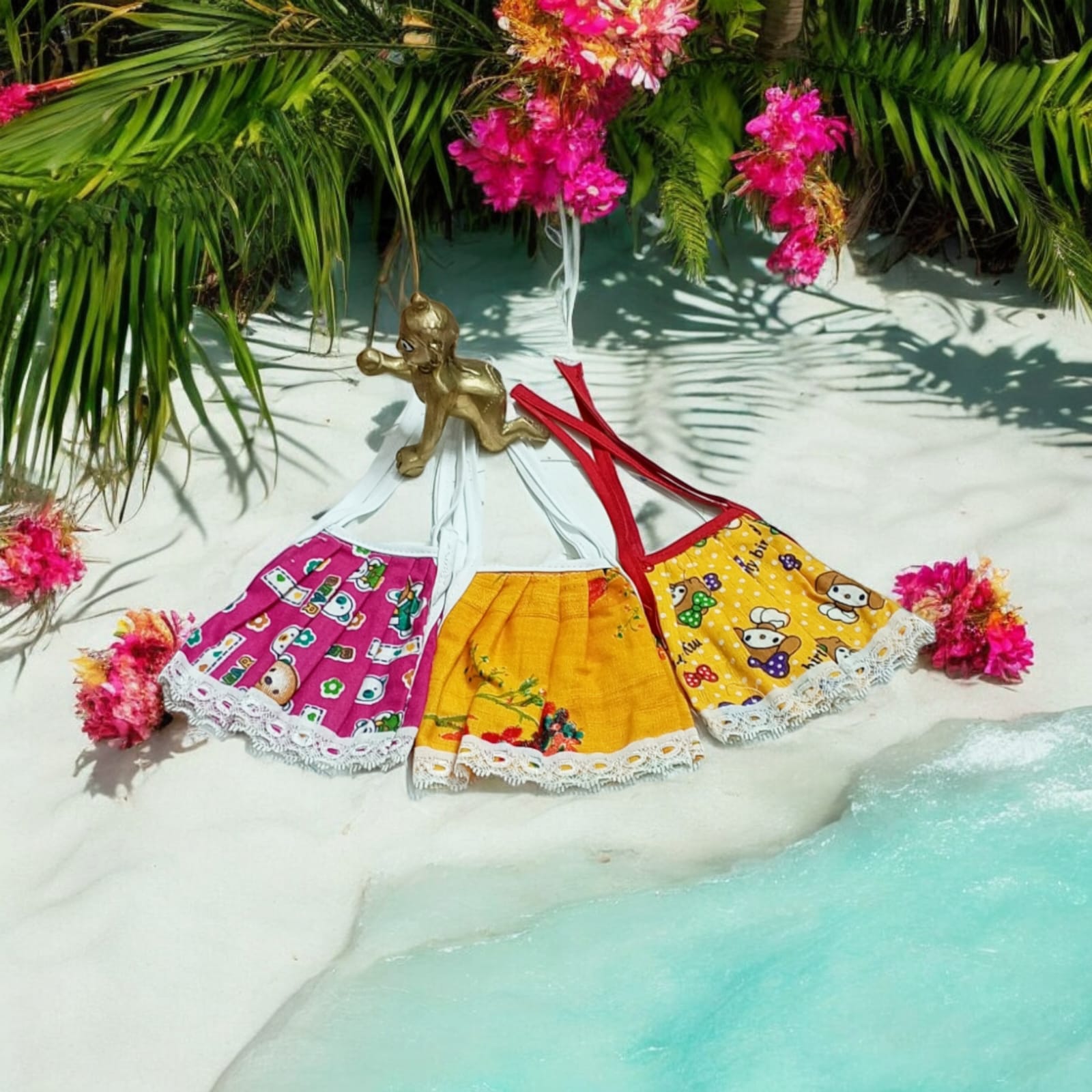 Set of 3 multi-color jhabla summer dresses for Laddu Gopal 5-6 No., comfortable night dress for Bal Gopal idols.