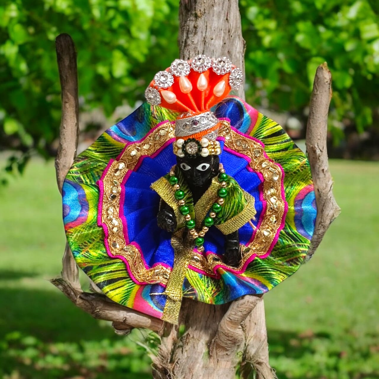 Set of 6 colorful pagdis for Laddu Gopal Size 0 No., perfect devotional headwear in vibrant red, yellow, blue, green, pink, and orange.