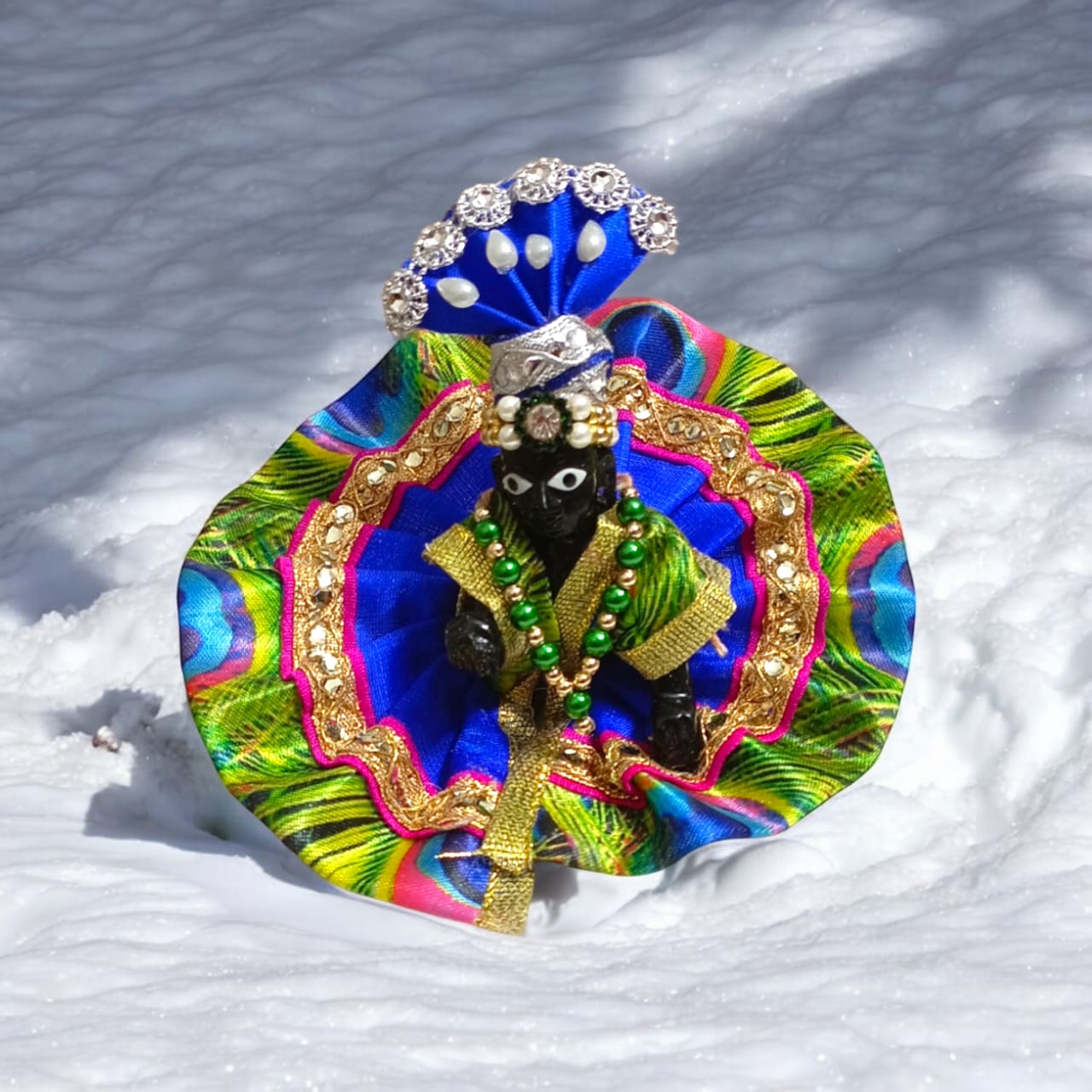 Set of 6 colorful pagdis for Laddu Gopal Size 0 No., perfect devotional headwear in vibrant red, yellow, blue, green, pink, and orange.