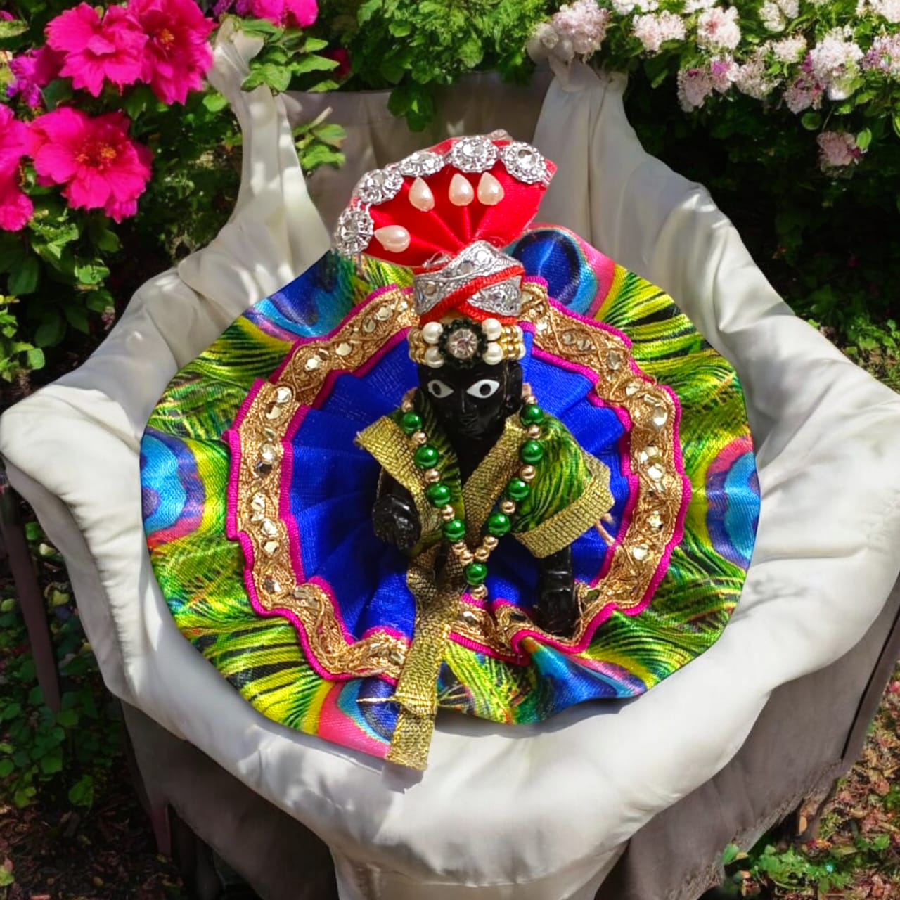 Set of 6 colorful pagdis for Laddu Gopal Size 0 No., perfect devotional headwear in vibrant red, yellow, blue, green, pink, and orange.