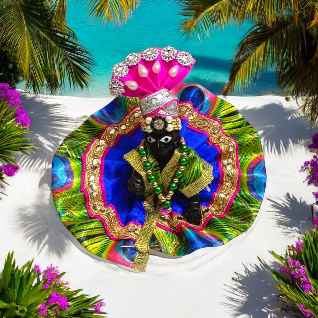 Set of 6 colorful pagdis for Laddu Gopal Size 0 No., perfect devotional headwear in vibrant red, yellow, blue, green, pink, and orange.