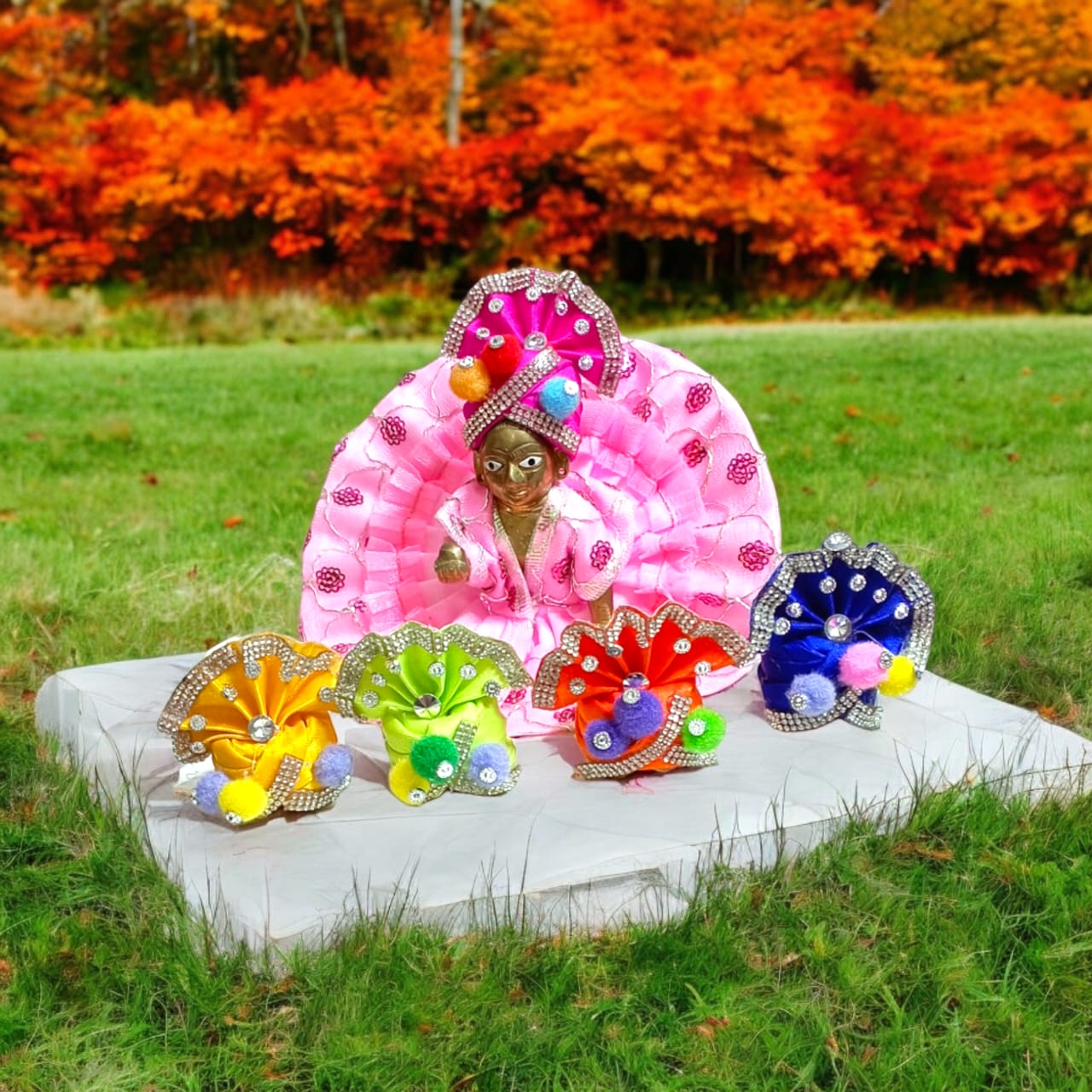 Set of 6 multi-color pagdis for Laddu Gopal Size 4 No., traditional festive decor for Bal Gopal.