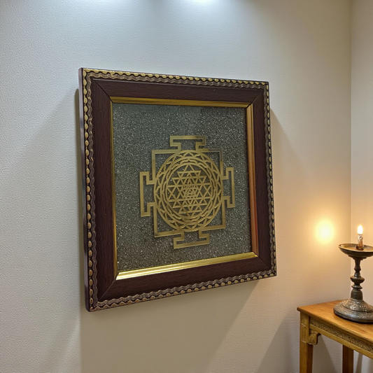Shree Yantra on Raw Pyrite Wall Frame – 7x7 Inch Wooden Vastu Photo Frame for Home, Office, and Pooja Room Decor