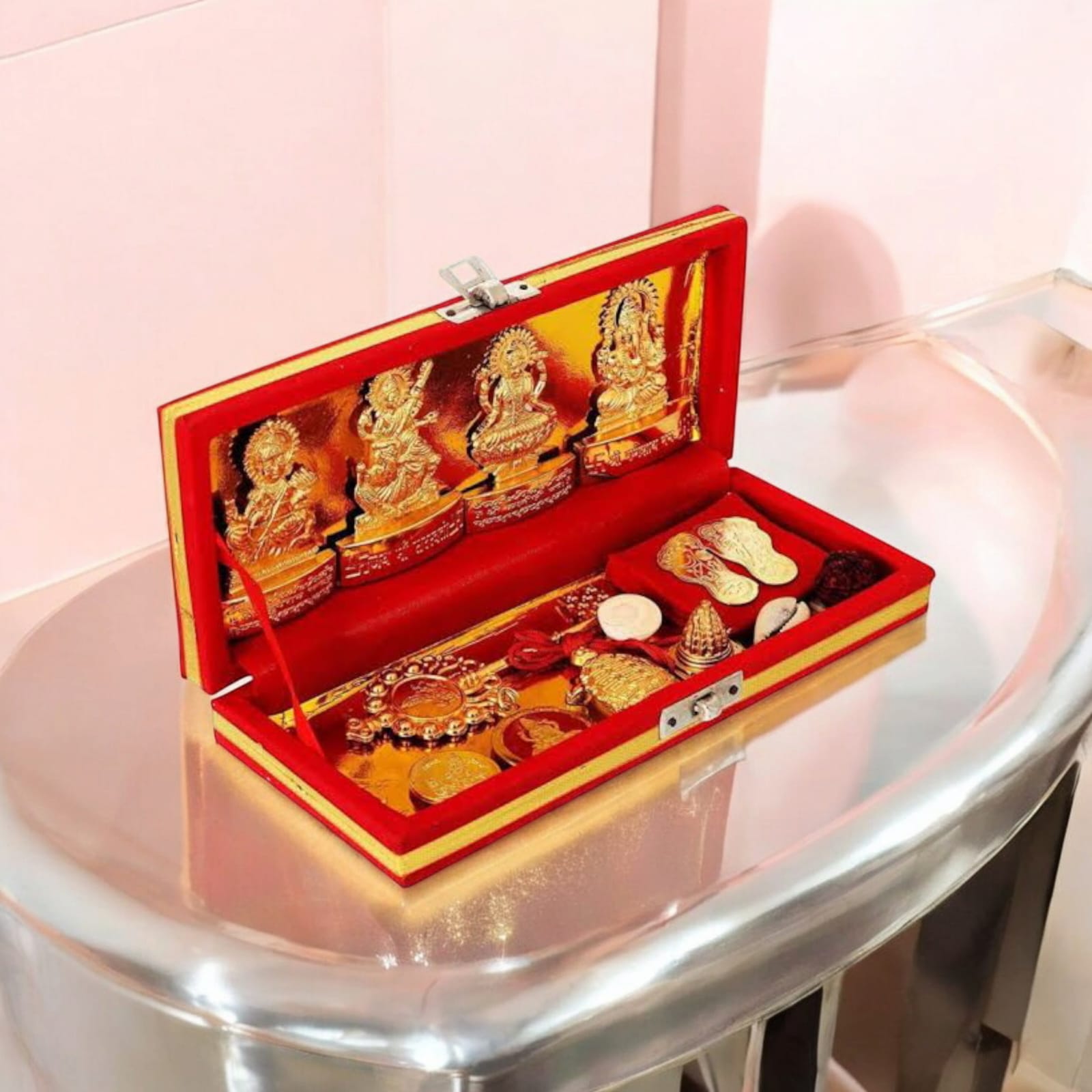 Shri Dhan Laxmi-Kuber Bhandari Yantra set with 13 sacred items for wealth and prosperity, available at Timeshopee.