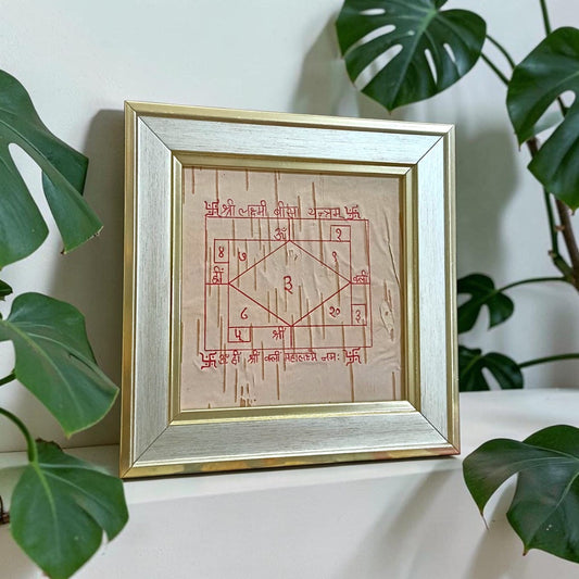 Shri Lakshmi Bisa Yantra 16x16CM Handmade Bhojpatra Wooden Frame for Wealth Prosperity and Goddess Lakshmi Blessings