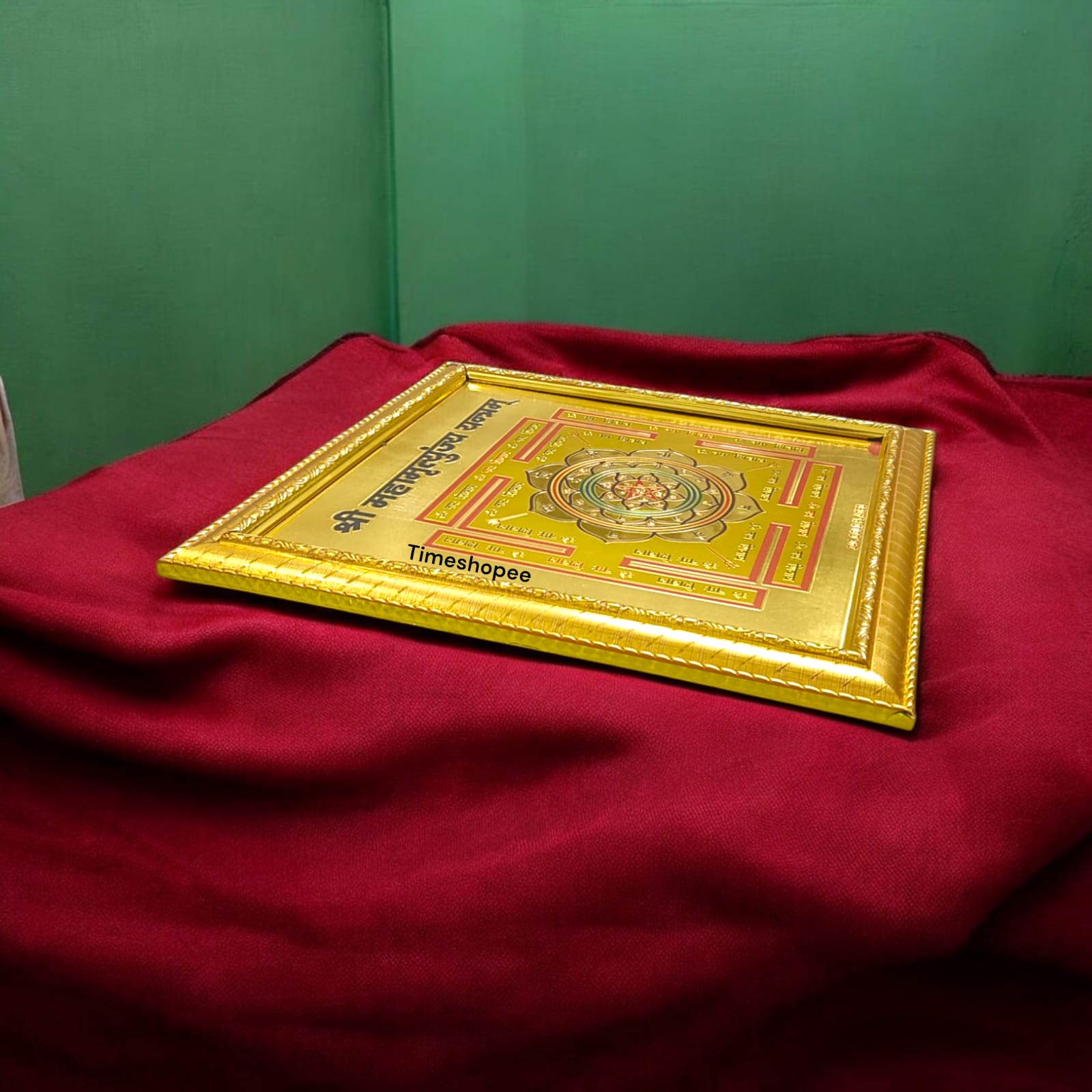 Shri Sampoorna Mahamrityunjaya Yantra, gold plated and framed, designed for protection and well-being.