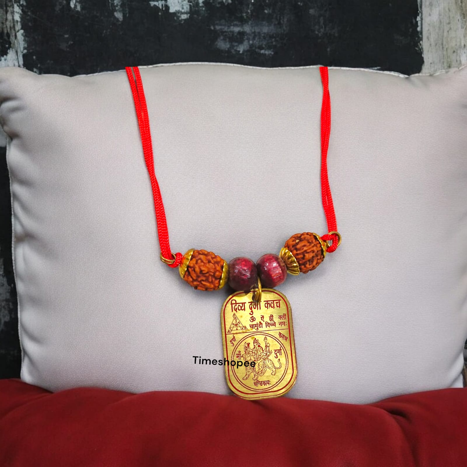 Sidh Durga Kavach Locket with Beesa Yantra, 5 Mukhi Rudraksha beads, Red Sandalwood beads, and Red Thread, designed for health and wealth protection by Timeshopee