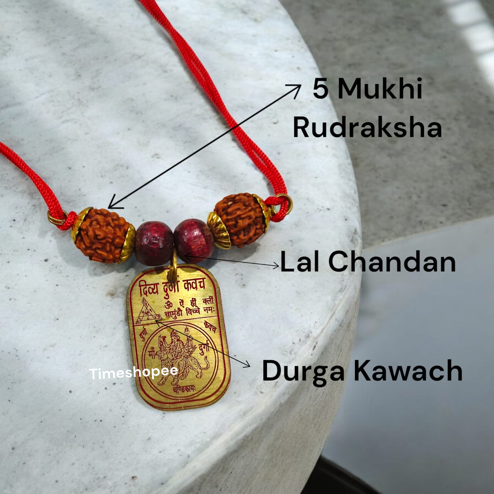 Sidh Durga Kavach Locket with Beesa Yantra, 5 Mukhi Rudraksha beads, Red Sandalwood beads, and Red Thread, designed for health and wealth protection by Timeshopee
