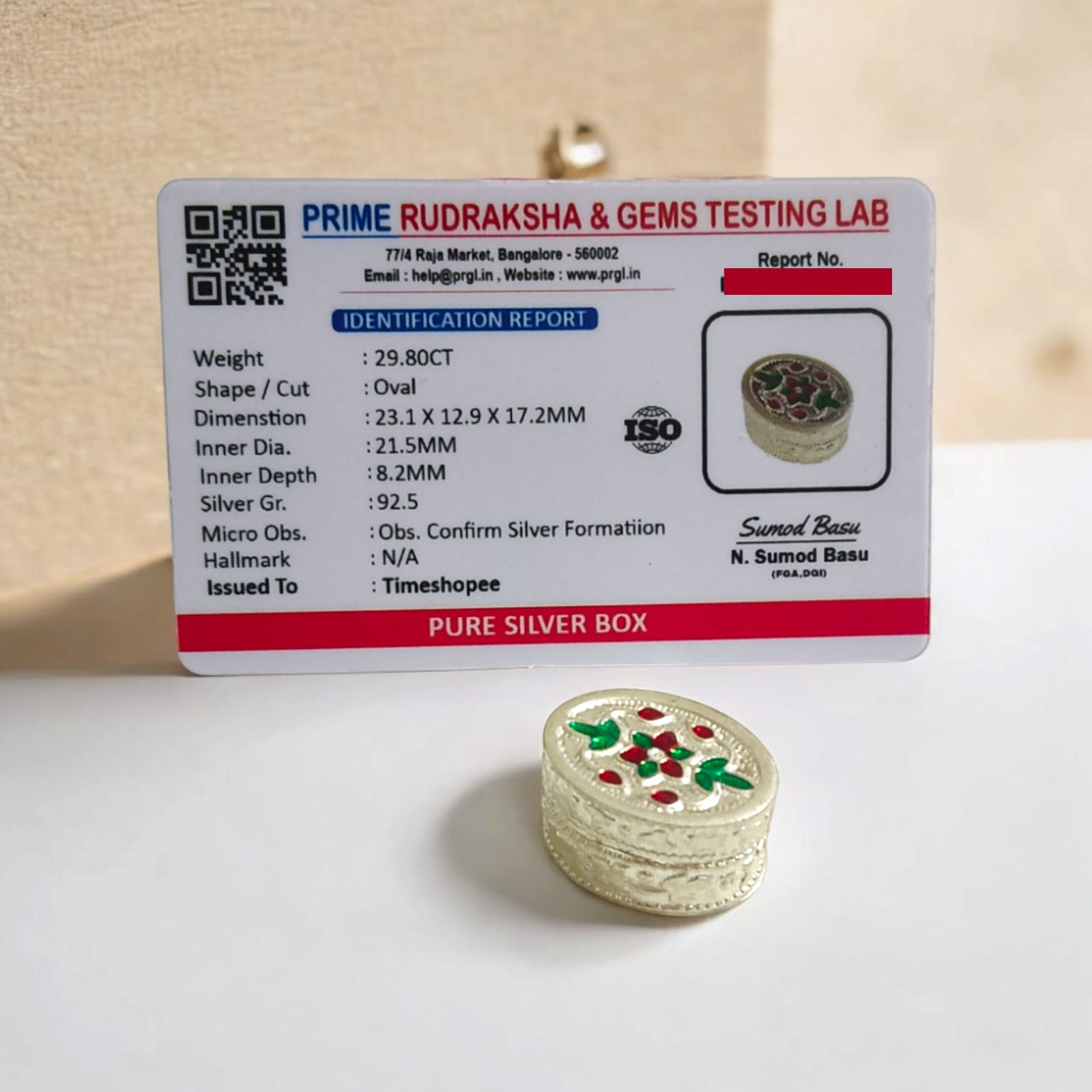 Silver Sindoor Box for Wedding with dimensions and certificate, showcasing a compact and elegant design suitable for home temples and return gifts.