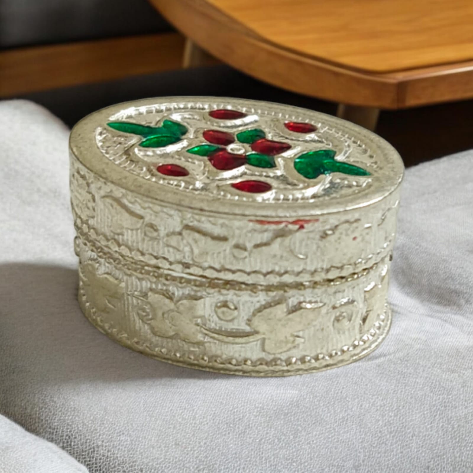 Silver Sindoor Box for Wedding with dimensions and certificate, showcasing a compact and elegant design suitable for home temples and return gifts.