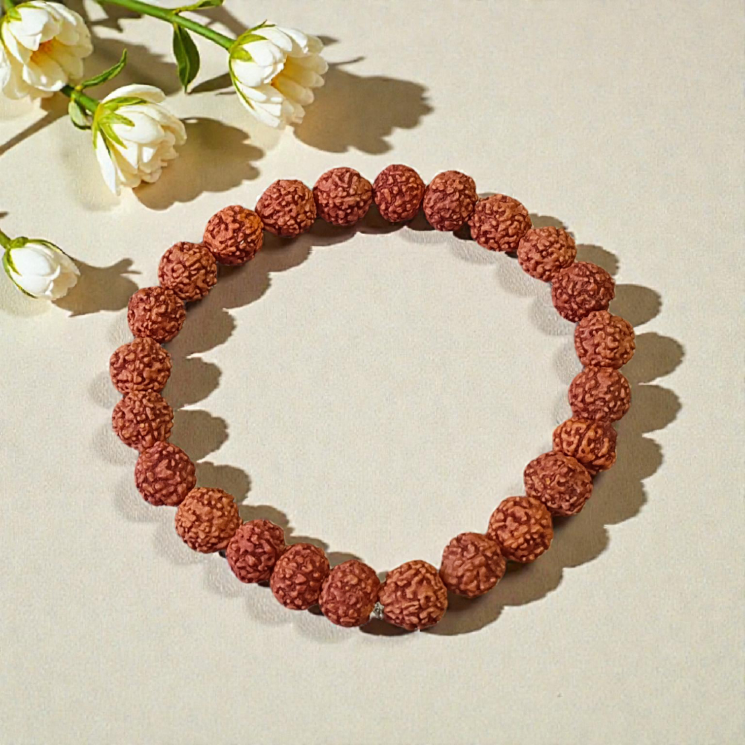 Stretchable 5 Mukhi Rudraksha Bracelet made with 8MM certified beads, ideal for daily spiritual wear