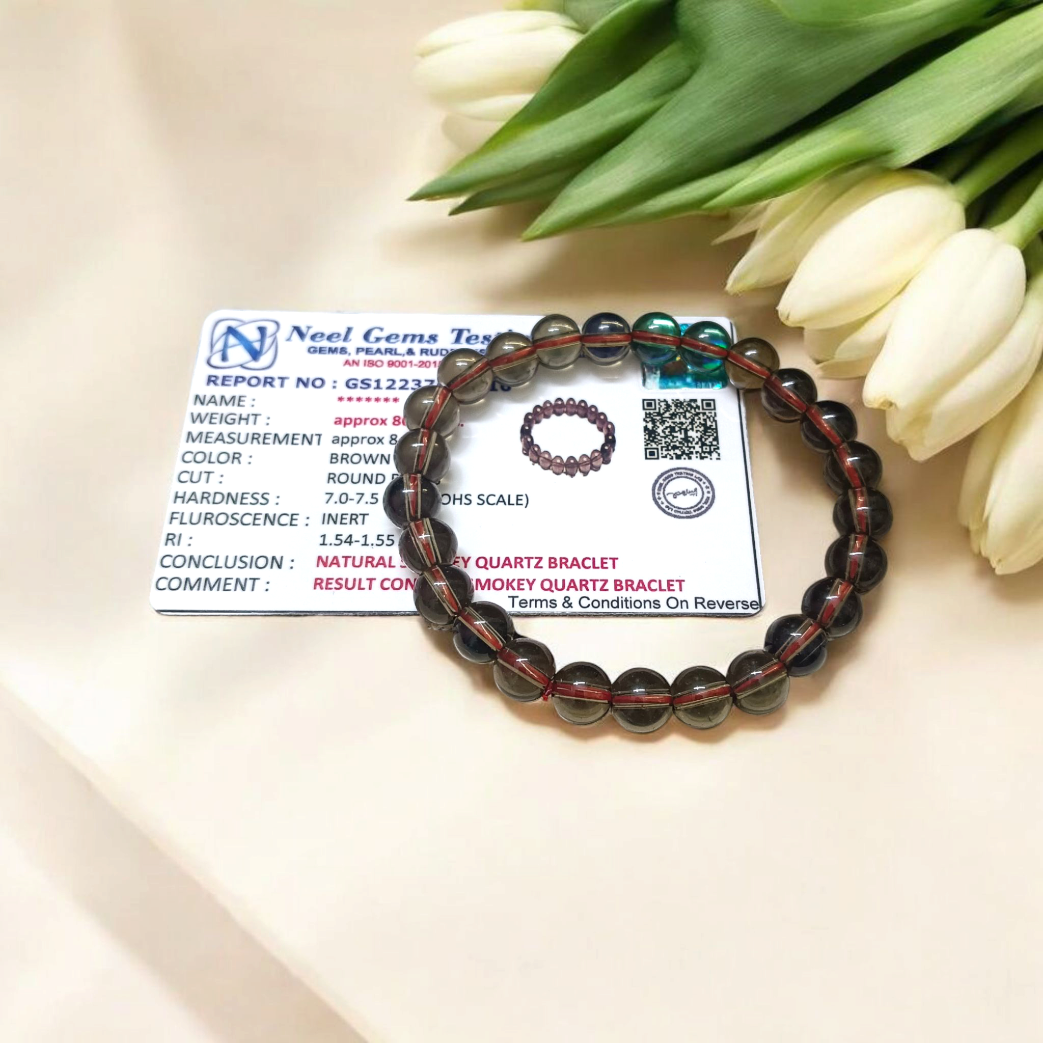 Stretchable Natural Smokey Quartz Bracelet made with 8mm round beads, suitable for men and women, displayed on a white background