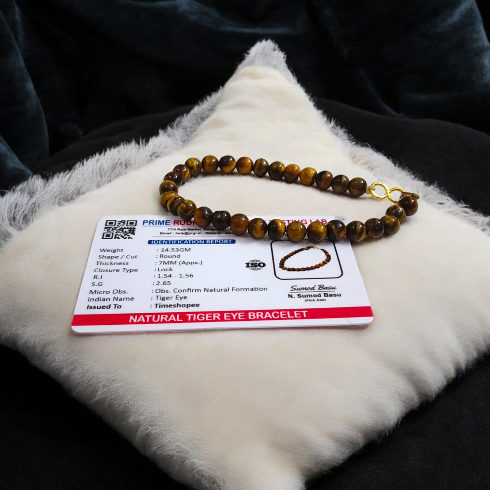 Tiger Eye bracelet, lab certified, available in two styles: stretchable and hook, showcased on a neutral background.