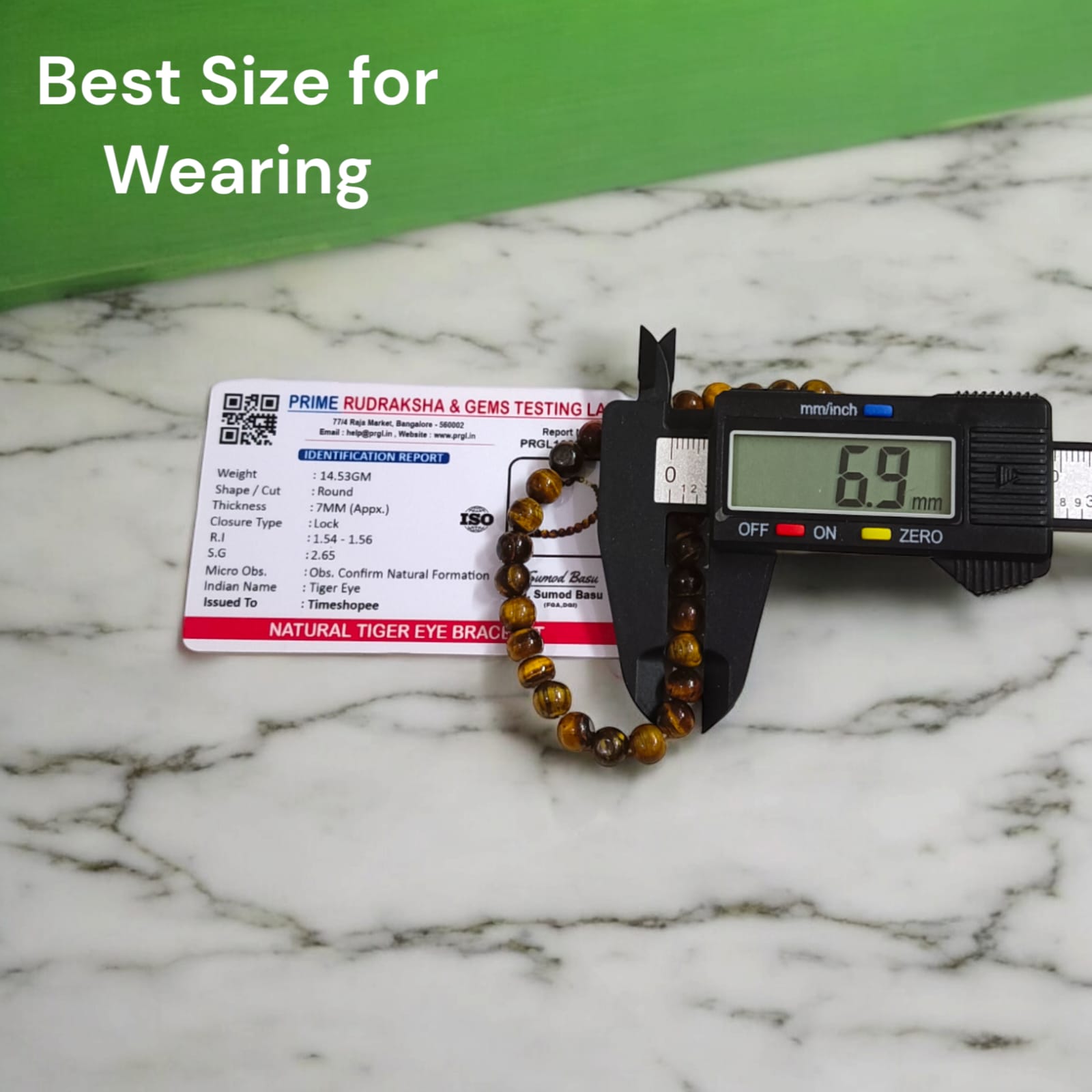 Tiger Eye bracelet, lab certified, available in two styles: stretchable and hook, showcased on a neutral background.