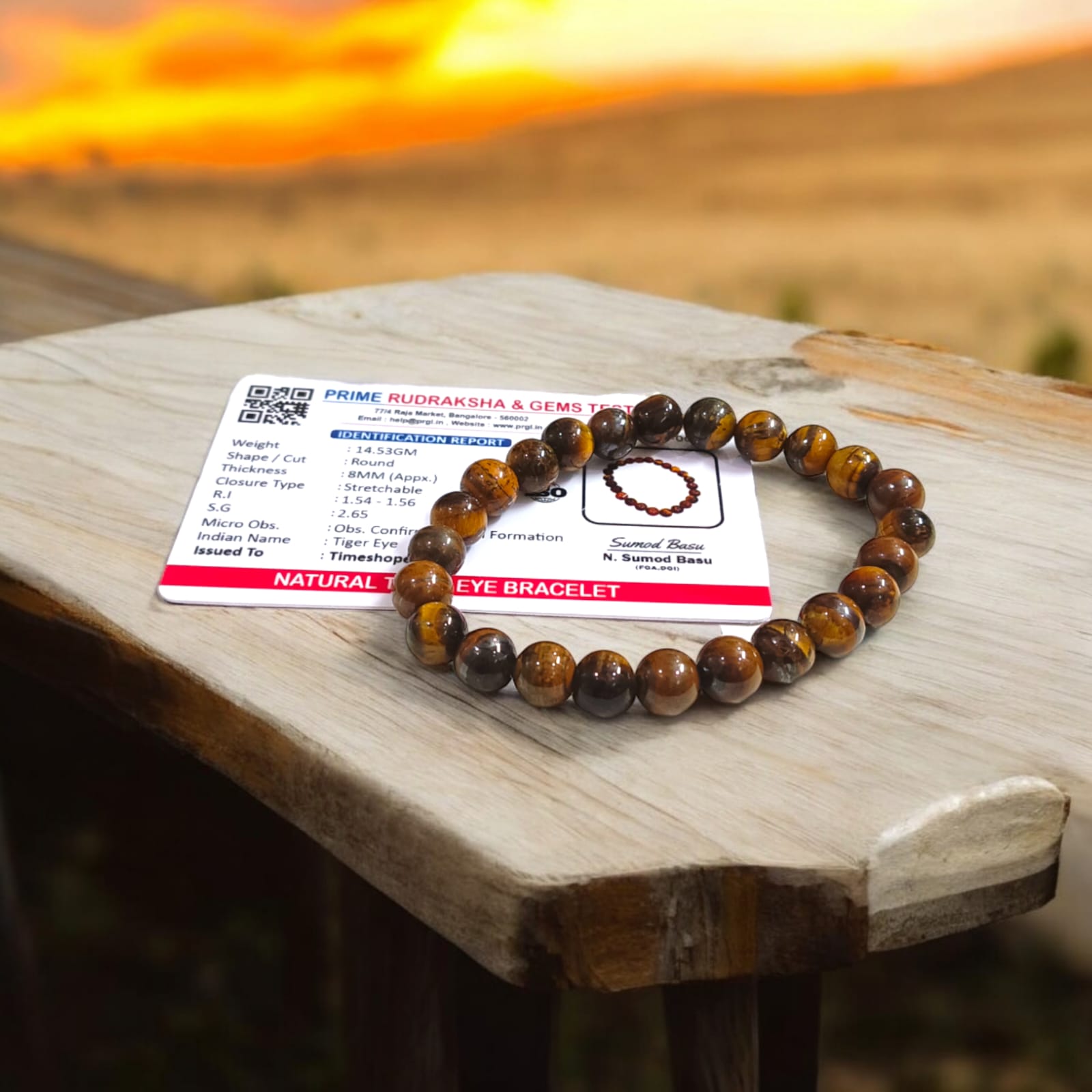 Tiger Eye bracelet, lab certified, available in two styles: stretchable and hook, showcased on a neutral background.