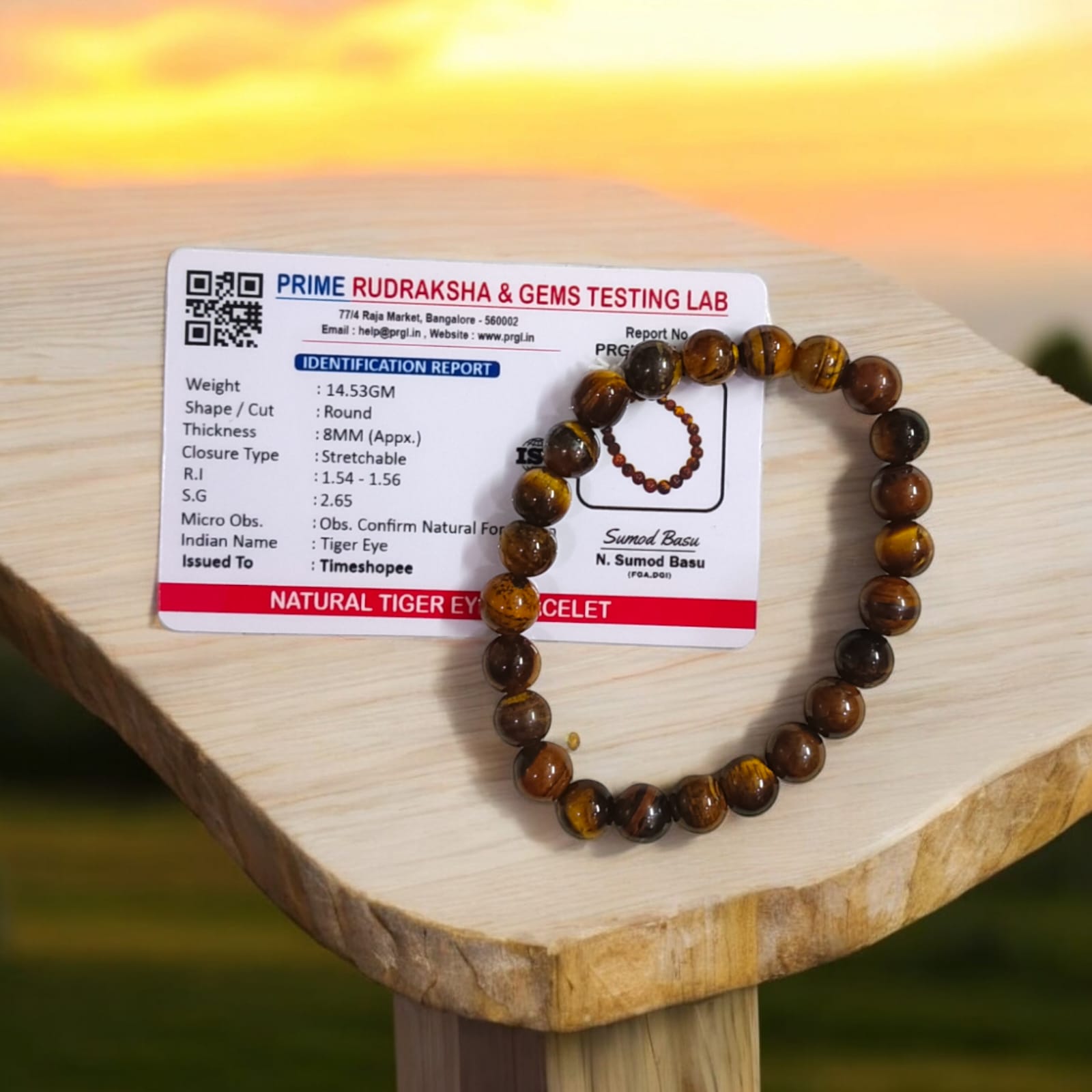 Tiger Eye bracelet, lab certified, available in two styles: stretchable and hook, showcased on a neutral background.