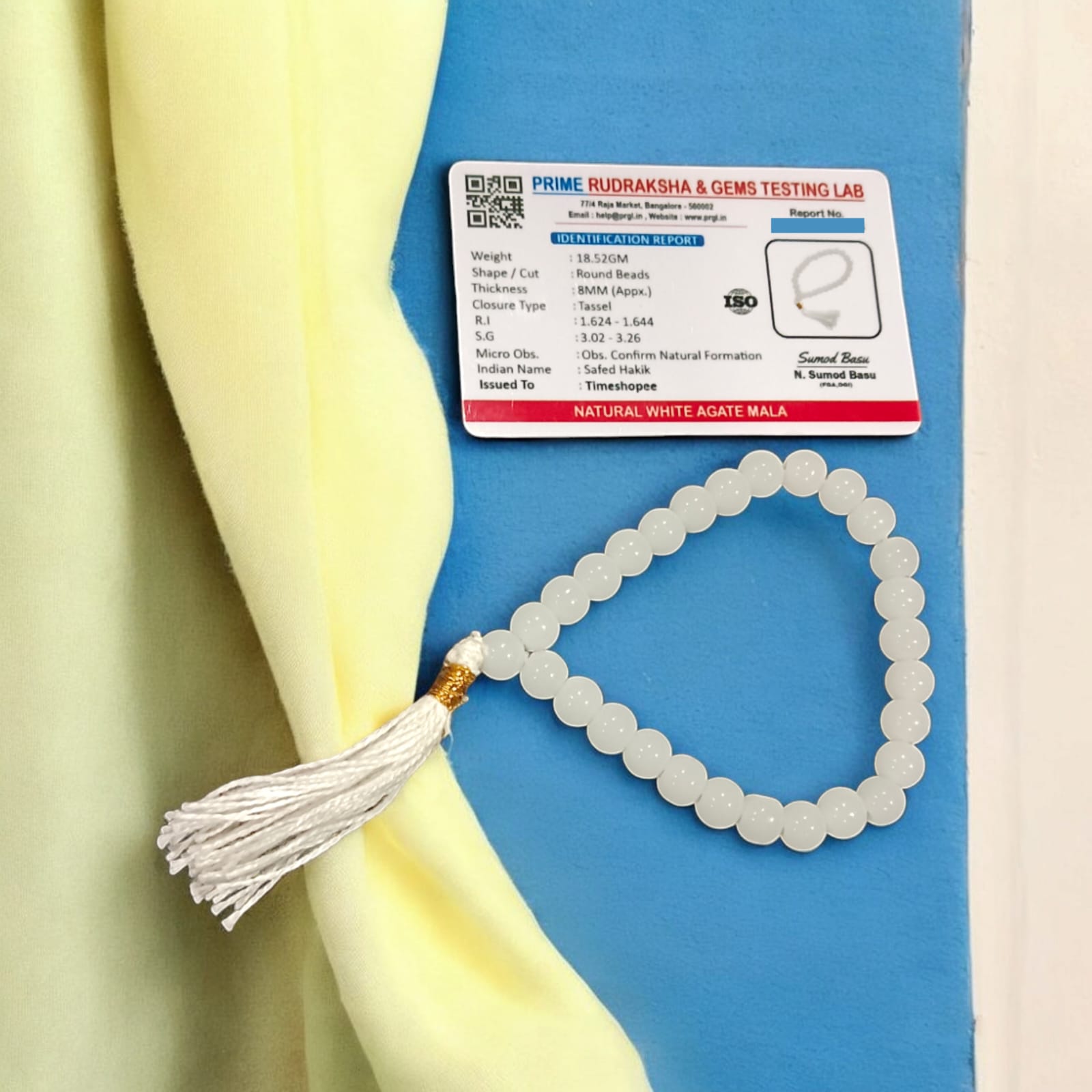 White Agate Mala with 27+1 lab-certified 8MM beads, perfect for meditation and mantra chanting.