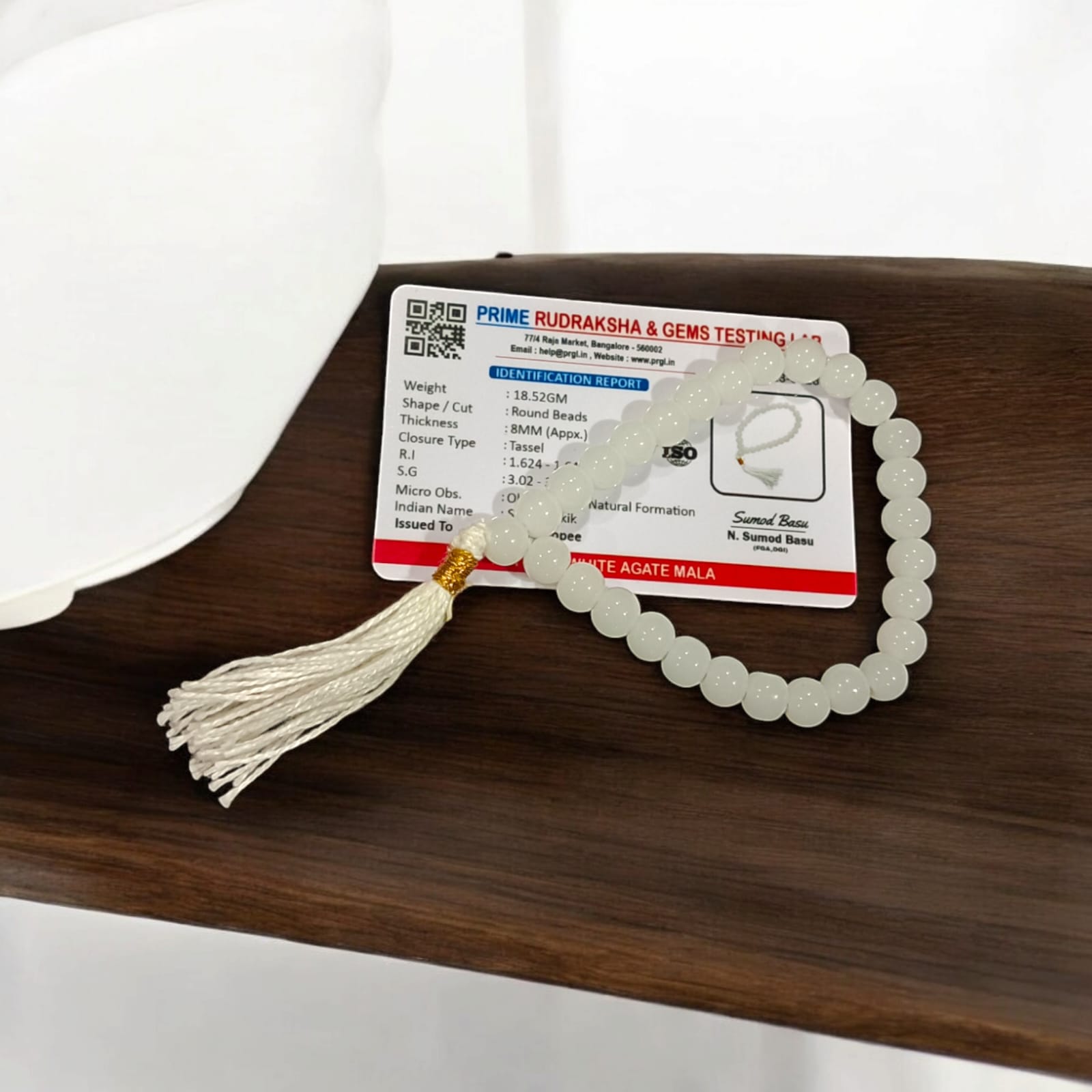 White Agate Mala with 27+1 lab-certified 8MM beads, perfect for meditation and mantra chanting.