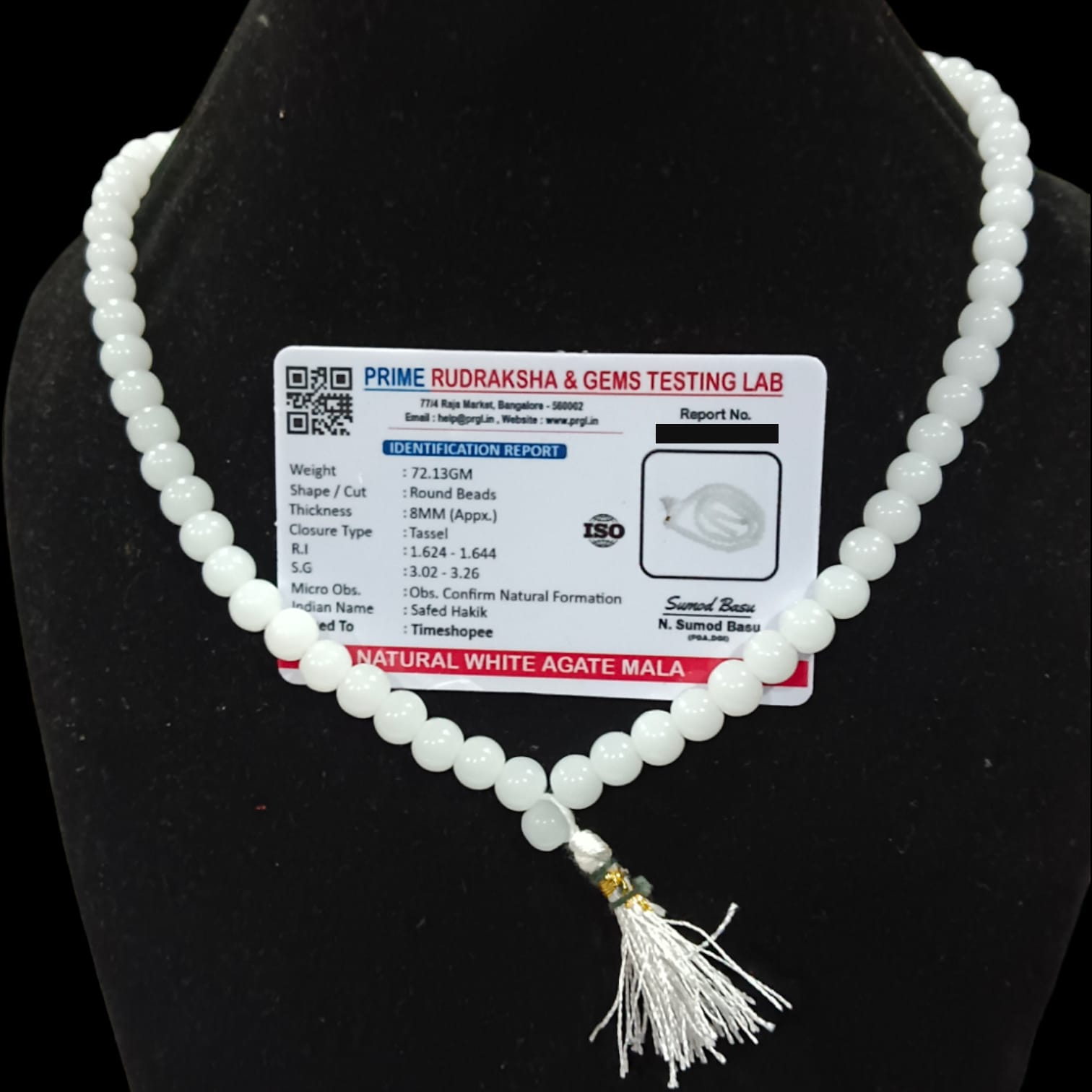 White Agate Mala with 8MM beads and 108+1 bead count, lab-certified for authenticity, displayed in a detailed close-up view.