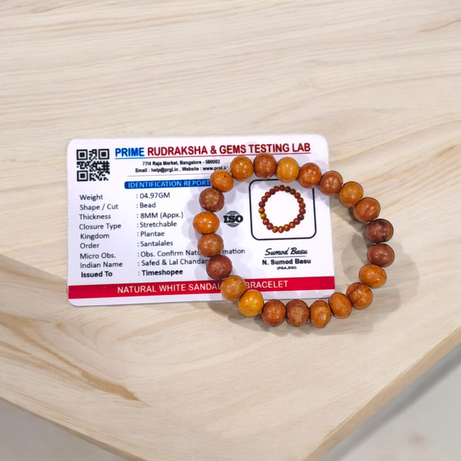 White Safed Chandan Bracelet made of lab-certified sandalwood, perfect for spiritual and everyday use, available at Timeshopee.