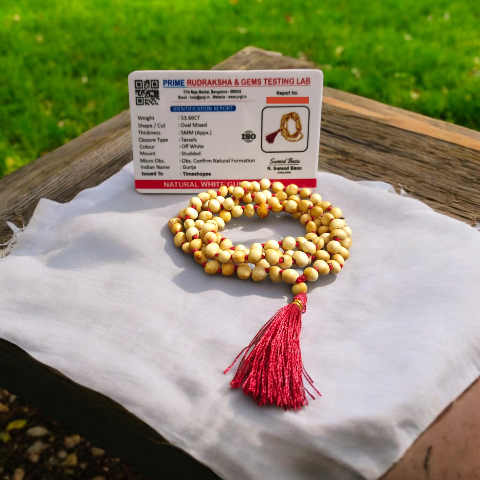 White Safed Gunja Mala with 108+1 beads, lab certified, ideal for meditation and prayer, available at Timeshopee.