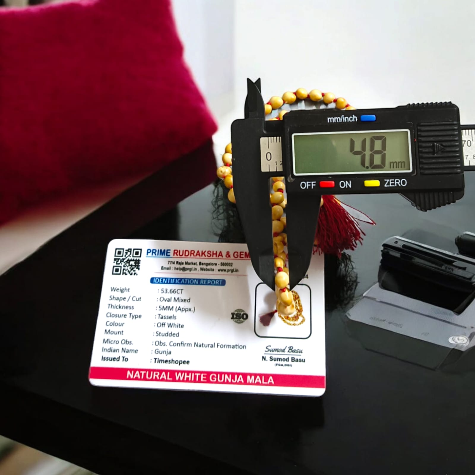 White Safed Gunja Mala with 108+1 beads, lab certified, ideal for meditation and prayer, available at Timeshopee.