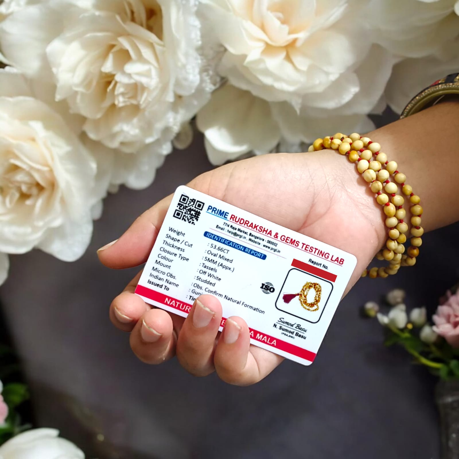 White Safed Gunja Mala with 108+1 beads, lab certified, ideal for meditation and prayer, available at Timeshopee.