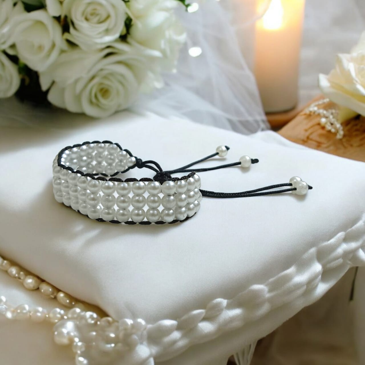 White pearl bracelet with adjustable sliding knot clasp, designed for girls and women, perfect for adding elegance to any outfit.