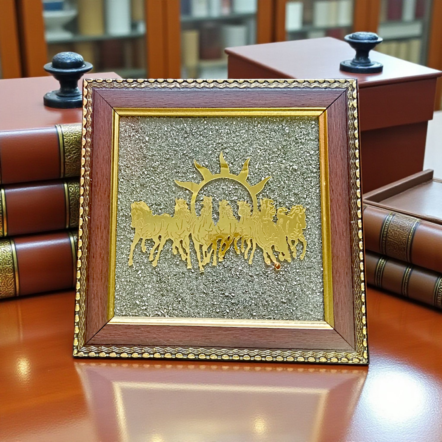Wooden 7x7 inch Vastu frame featuring seven golden horses with rising sun background and embedded Pyrite stone, ideal for wealth and energy correction