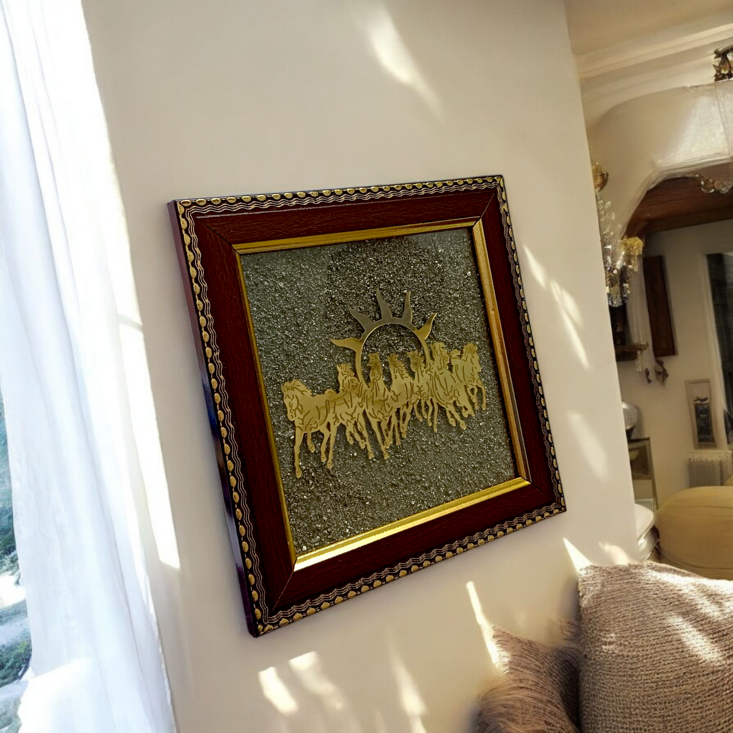 Wooden 7x7 inch Vastu frame featuring seven golden horses with rising sun background and embedded Pyrite stone, ideal for wealth and energy correction