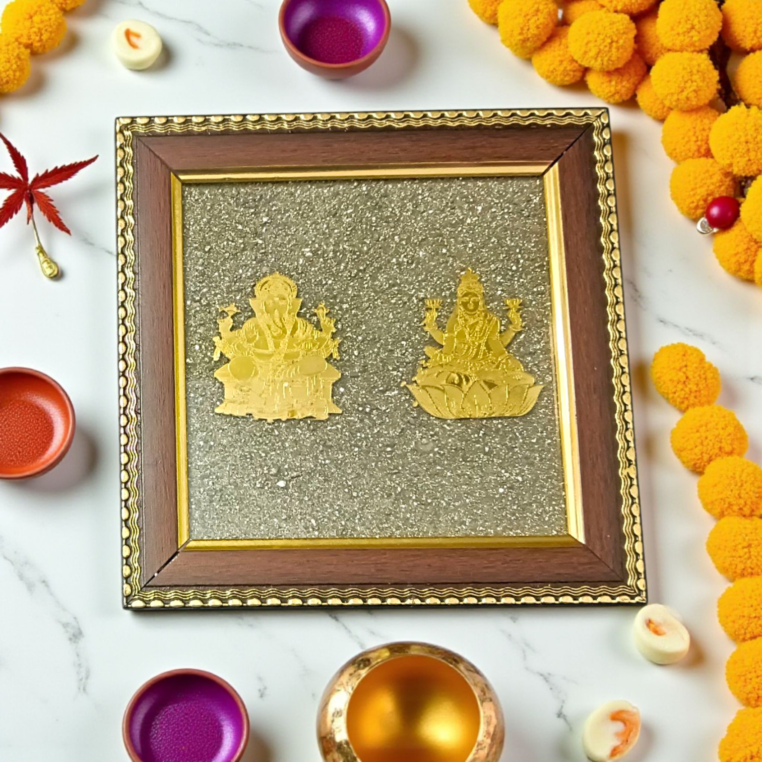 Wooden 7x7 inch frame featuring Shri Lakshmi and Lord Ganesha engraved on a raw Pyrite stone, ideal for business success, Vastu correction, and prosperity