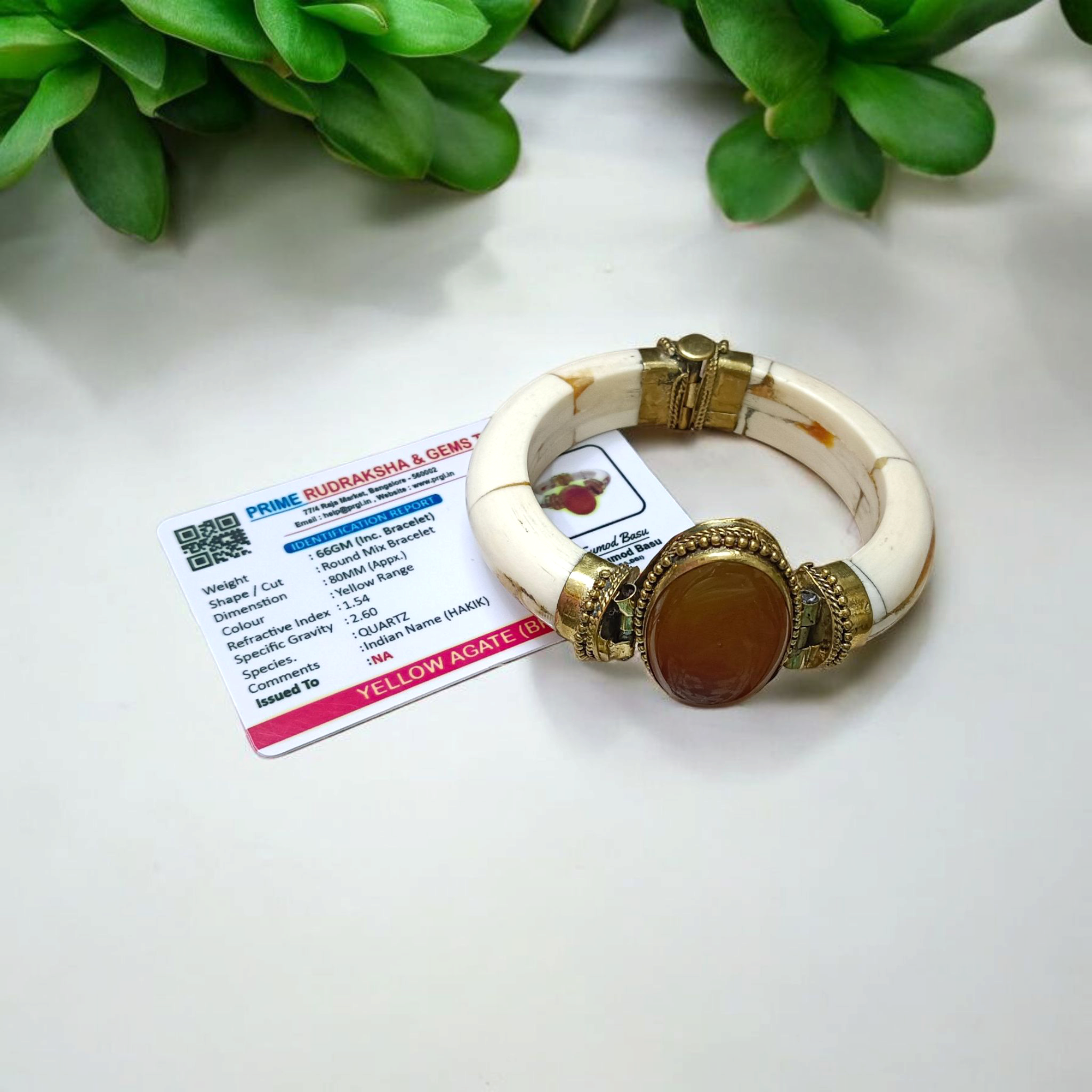 Yellow Agate (Hakik) Bracelet with antique finish, handcrafted and lab-certified, placed on a neutral background showcasing its natural shine