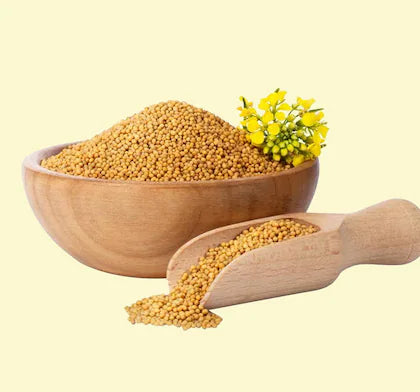 Yellow Mustard Seeds (Peeli Sarso), pure and organic, available in 50gm, 100gm, and 250gm packs from Timeshopee.