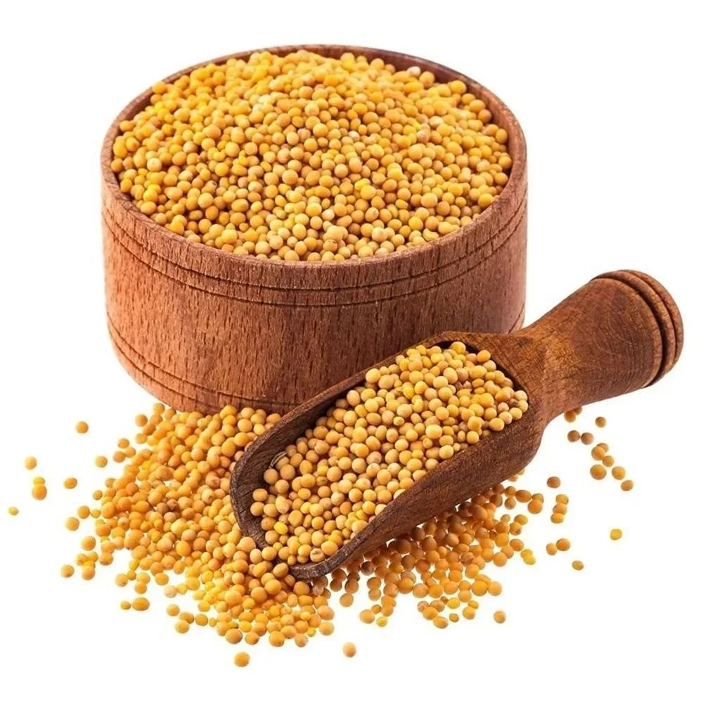 Yellow Mustard Seeds (Peeli Sarso), pure and organic, available in 50gm, 100gm, and 250gm packs from Timeshopee.
