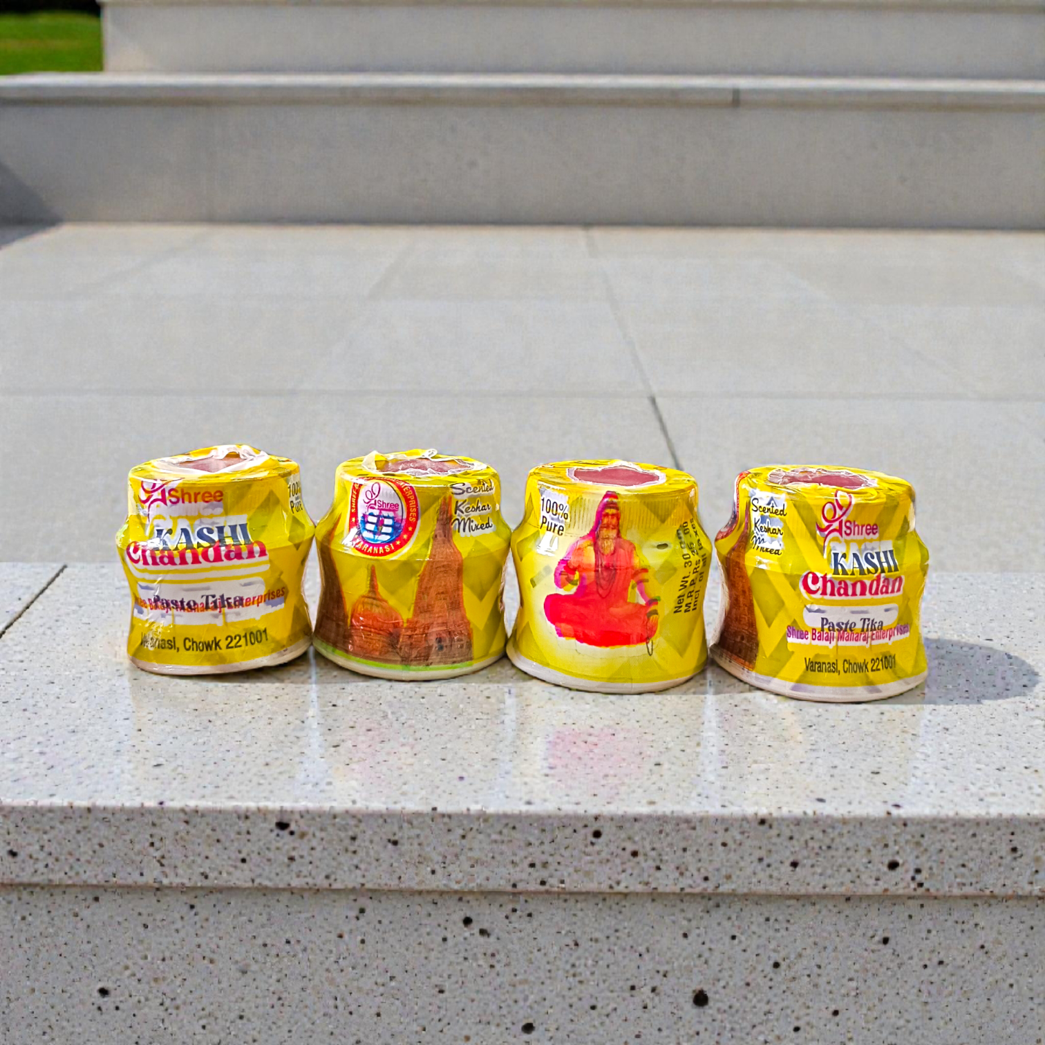 Yellow sandalwood chandan paste container used for tilak and puja