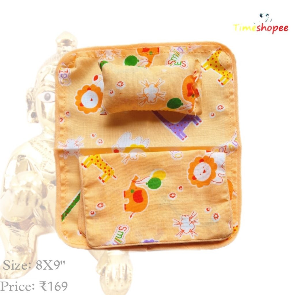 A charming Laddu Gopal Bedsheet with Pillow and Blanket set in vibrant colors, designed for 0-5 No. Laddu Gopal, enhancing the pooja area with comfort and devotion.