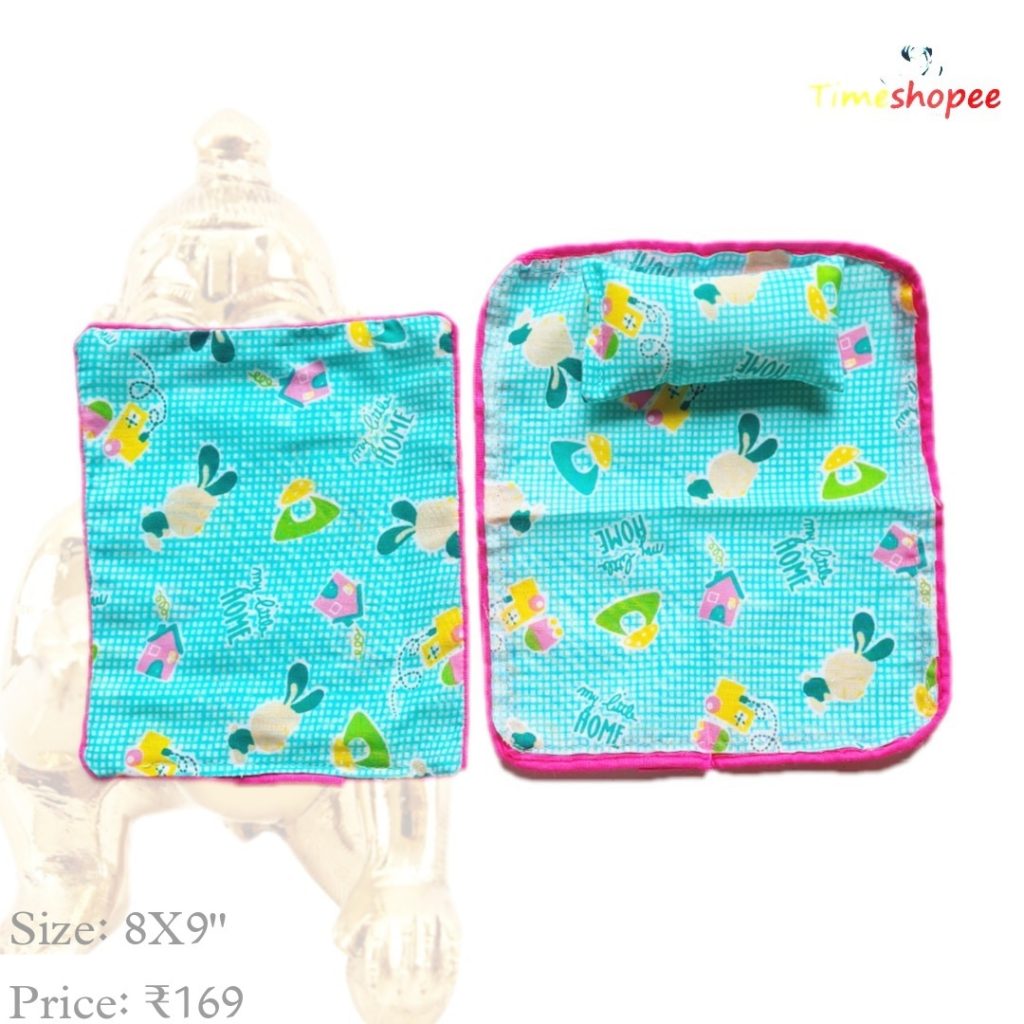 A charming Laddu Gopal Bedsheet with Pillow and Blanket set in vibrant colors, designed for 0-5 No. Laddu Gopal, enhancing the pooja area with comfort and devotion.