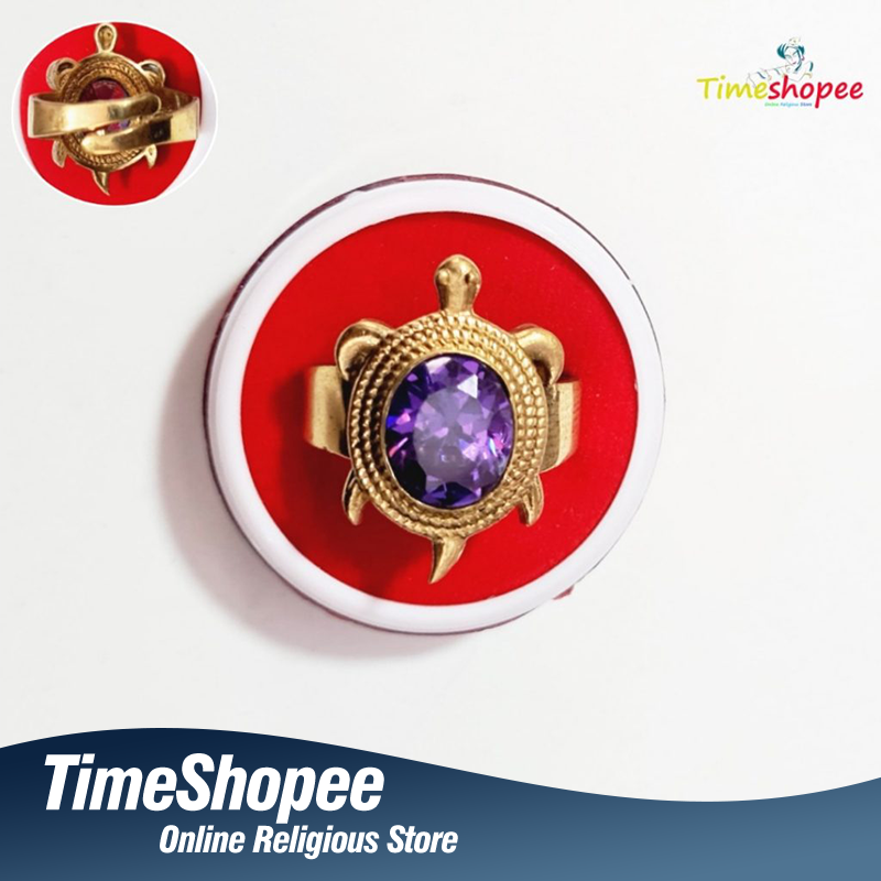 A close-up of the Kachua Jamunia Ring, featuring a purple Jamunia gemstone set in a tortoise-shaped design, made from Ashtdhatu. The ring is adjustable and designed for both men and women.