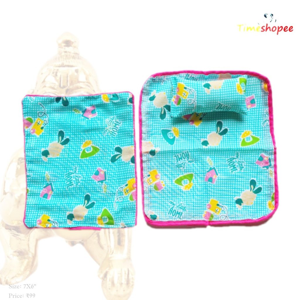 A cozy Laddu Gopal Bedsheet with Pillow and Blanket set in vibrant colors, designed for 0-3 No. Laddu Gopal, enhancing the pooja space with comfort and devotion.