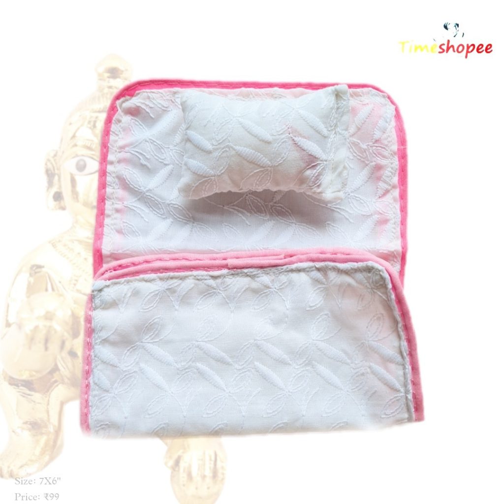 A cozy Laddu Gopal Bedsheet with Pillow and Blanket set in vibrant colors, designed for 0-3 No. Laddu Gopal, enhancing the pooja space with comfort and devotion.