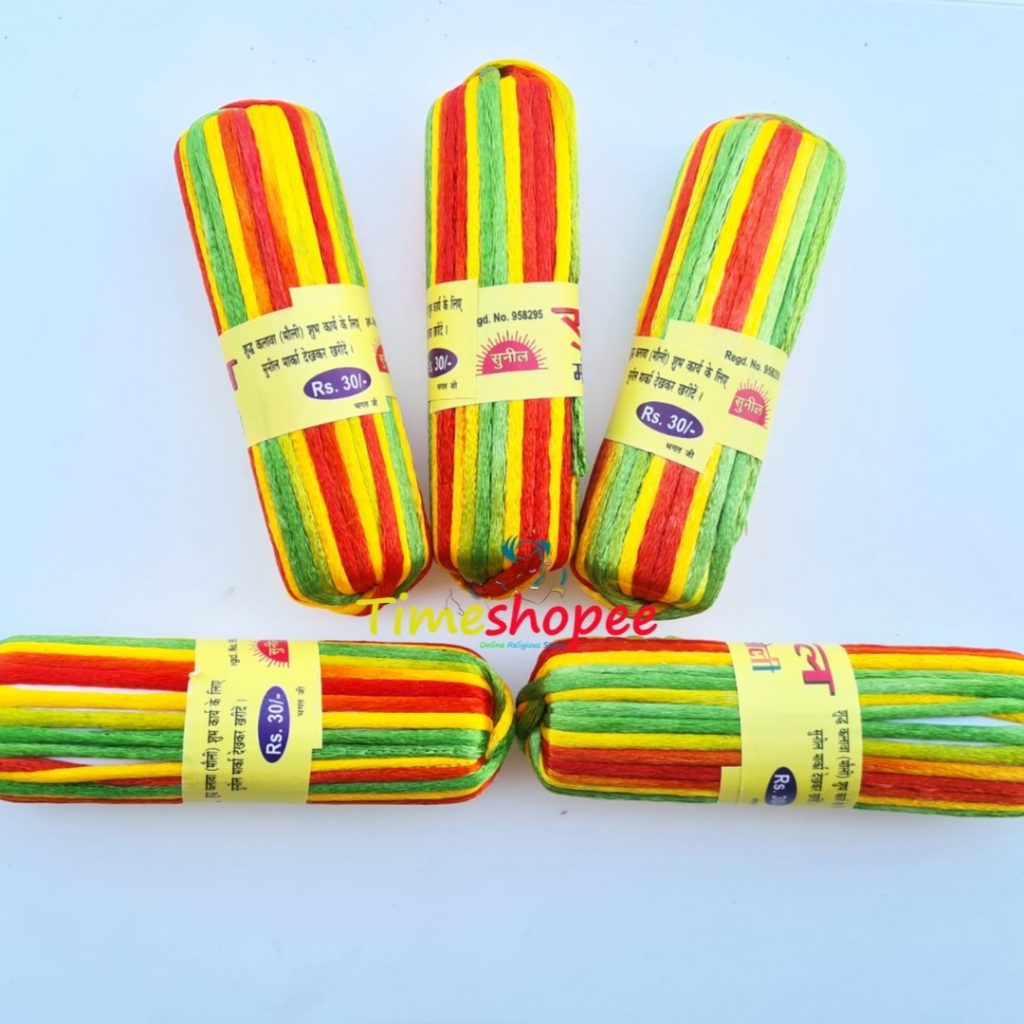 A pack of 5 colorful silk moli threads, each 11 feet long, traditionally used in Hindu pooja rituals for protection, blessings, and mannat dhaga ceremonies.