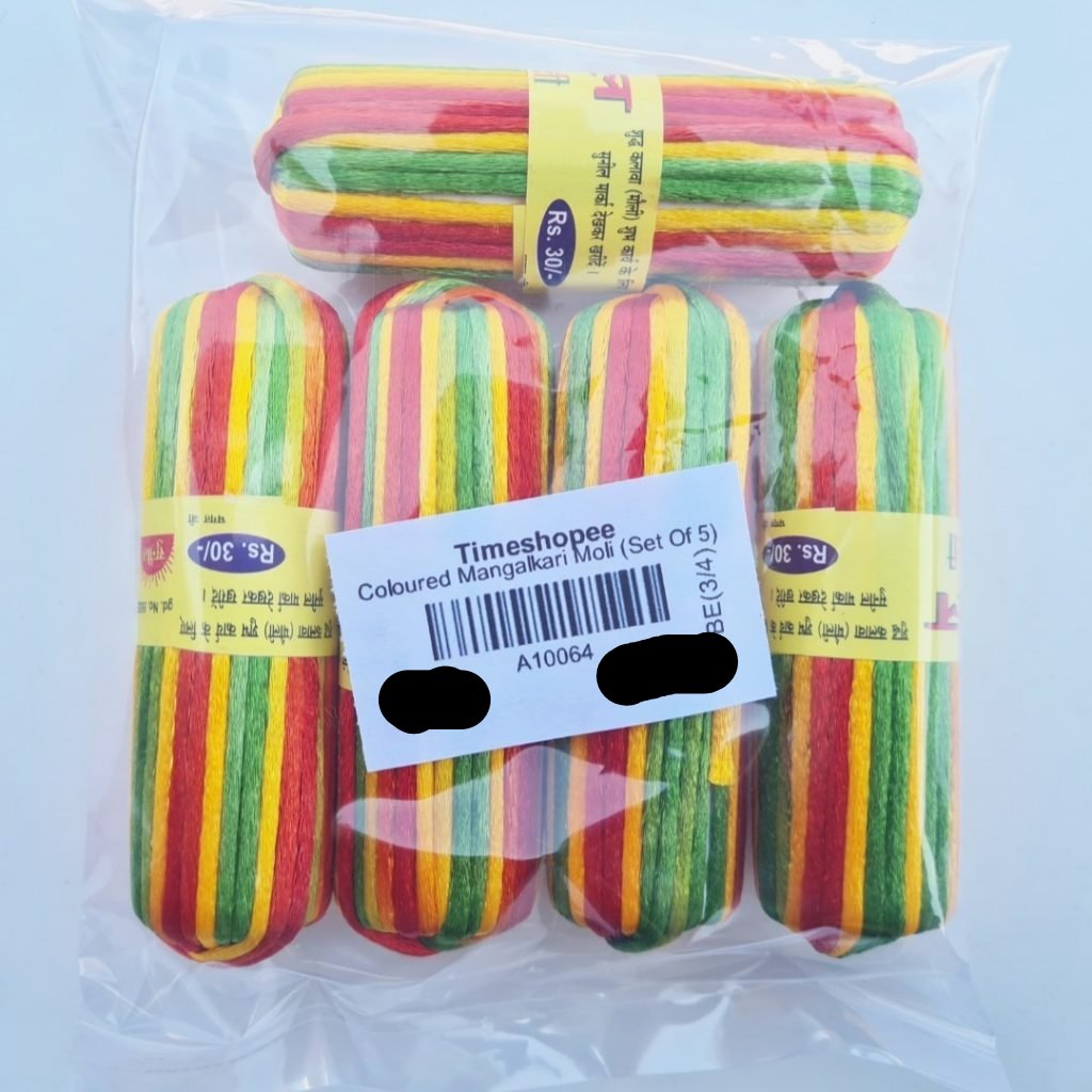 A pack of 5 colorful silk moli threads, each 11 feet long, traditionally used in Hindu pooja rituals for protection, blessings, and mannat dhaga ceremonies.