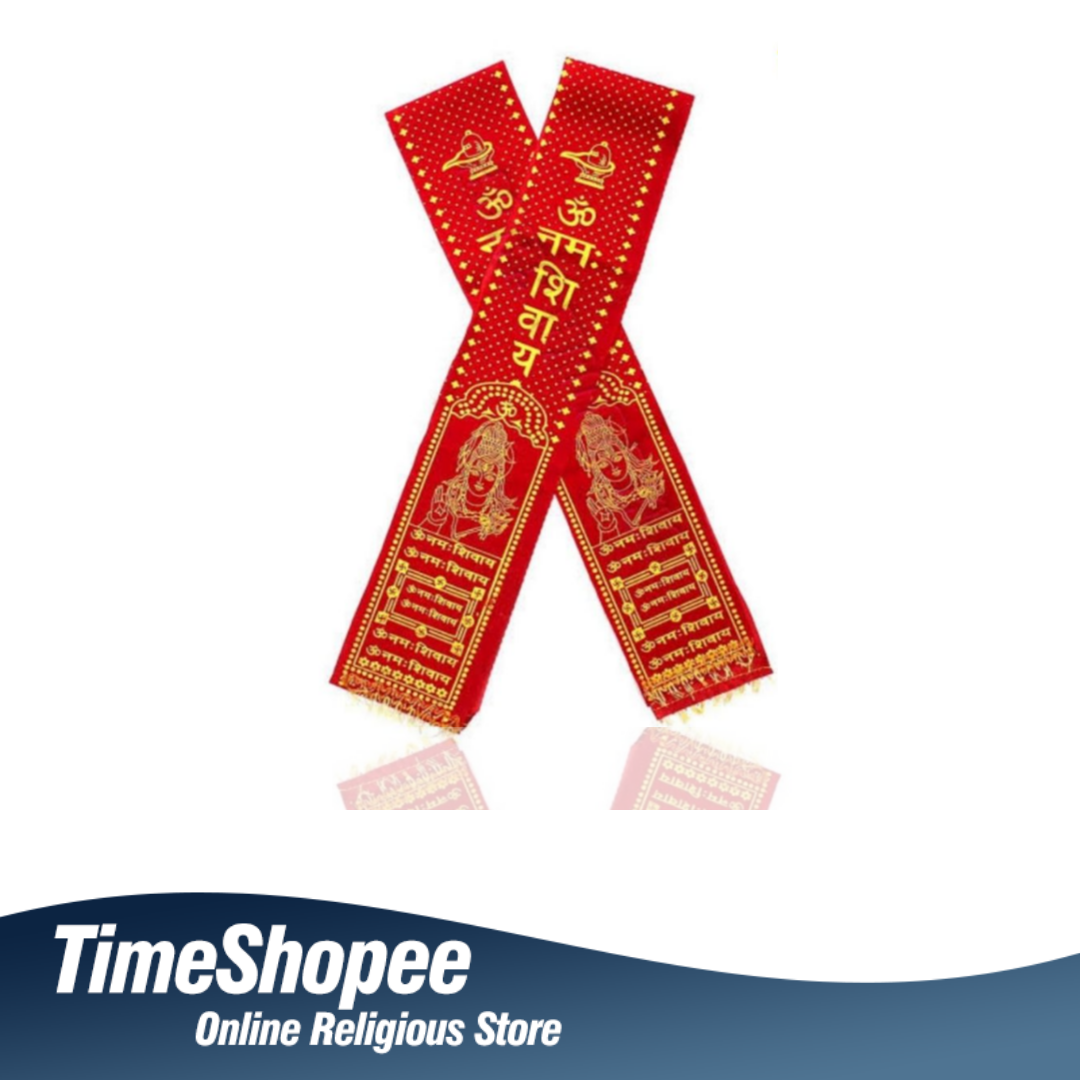 A pure satin stole with red and golden prints of the "Om Namah Shivay" mantra, used for Rudrabhishek and devotional ceremonies.