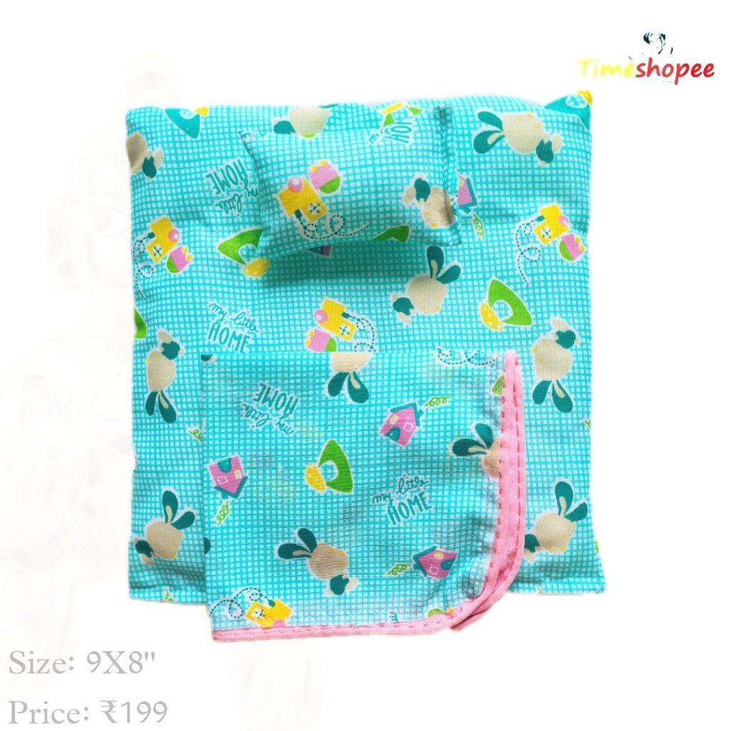 A vibrant 8X9 inch puffed bedsheet set with a pillow and blanket for Laddu Gopal, available in Blue, Pink, and Sea Green colors, symbolizing comfort and devotion.