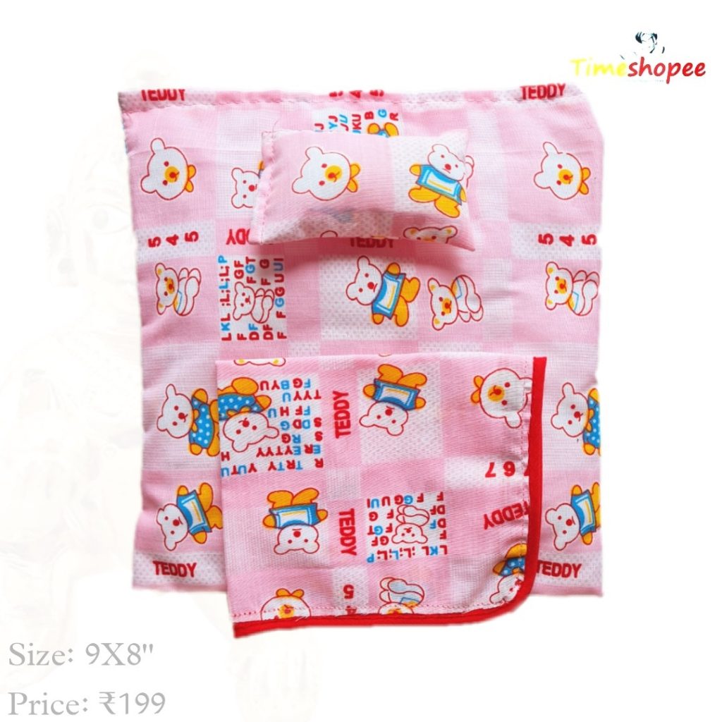 A vibrant 8X9 inch puffed bedsheet set with a pillow and blanket for Laddu Gopal, available in Blue, Pink, and Sea Green colors, symbolizing comfort and devotion.