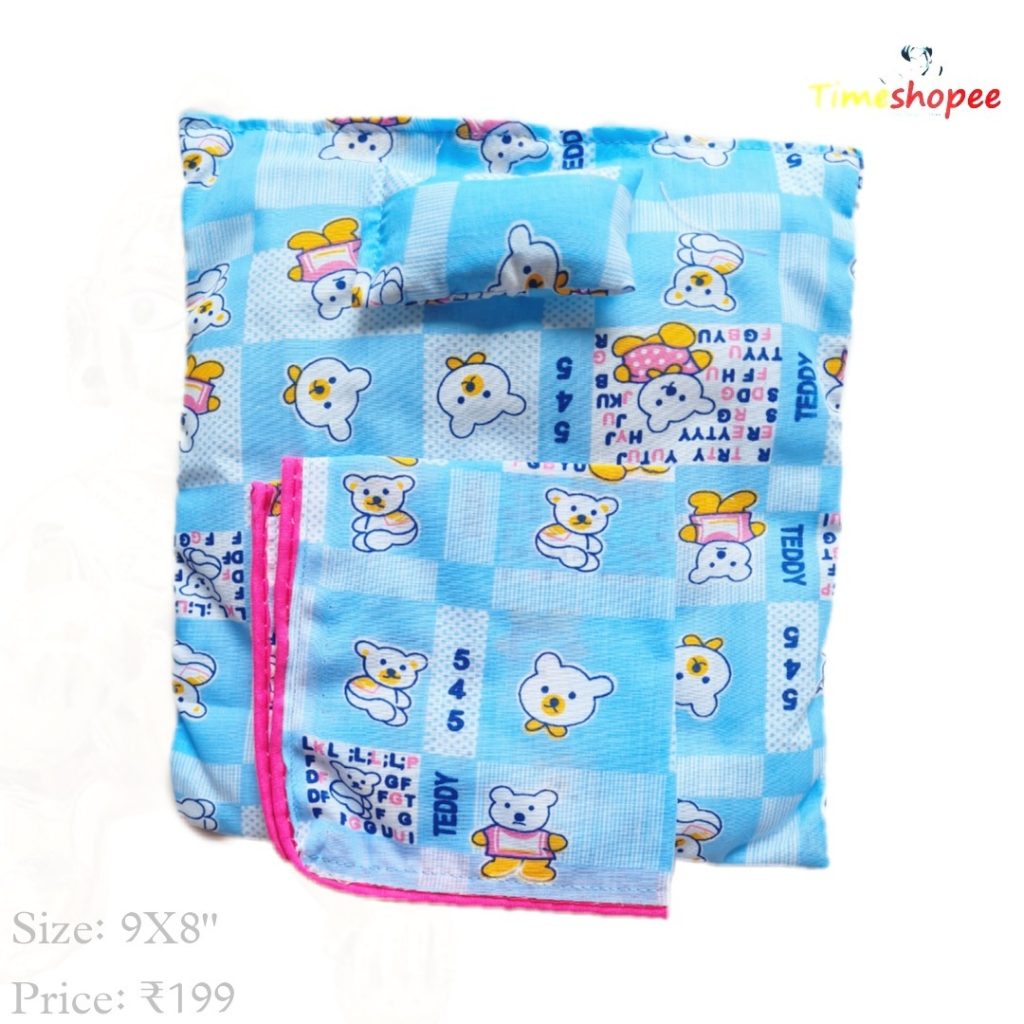 A vibrant 8X9 inch puffed bedsheet set with a pillow and blanket for Laddu Gopal, available in Blue, Pink, and Sea Green colors, symbolizing comfort and devotion.