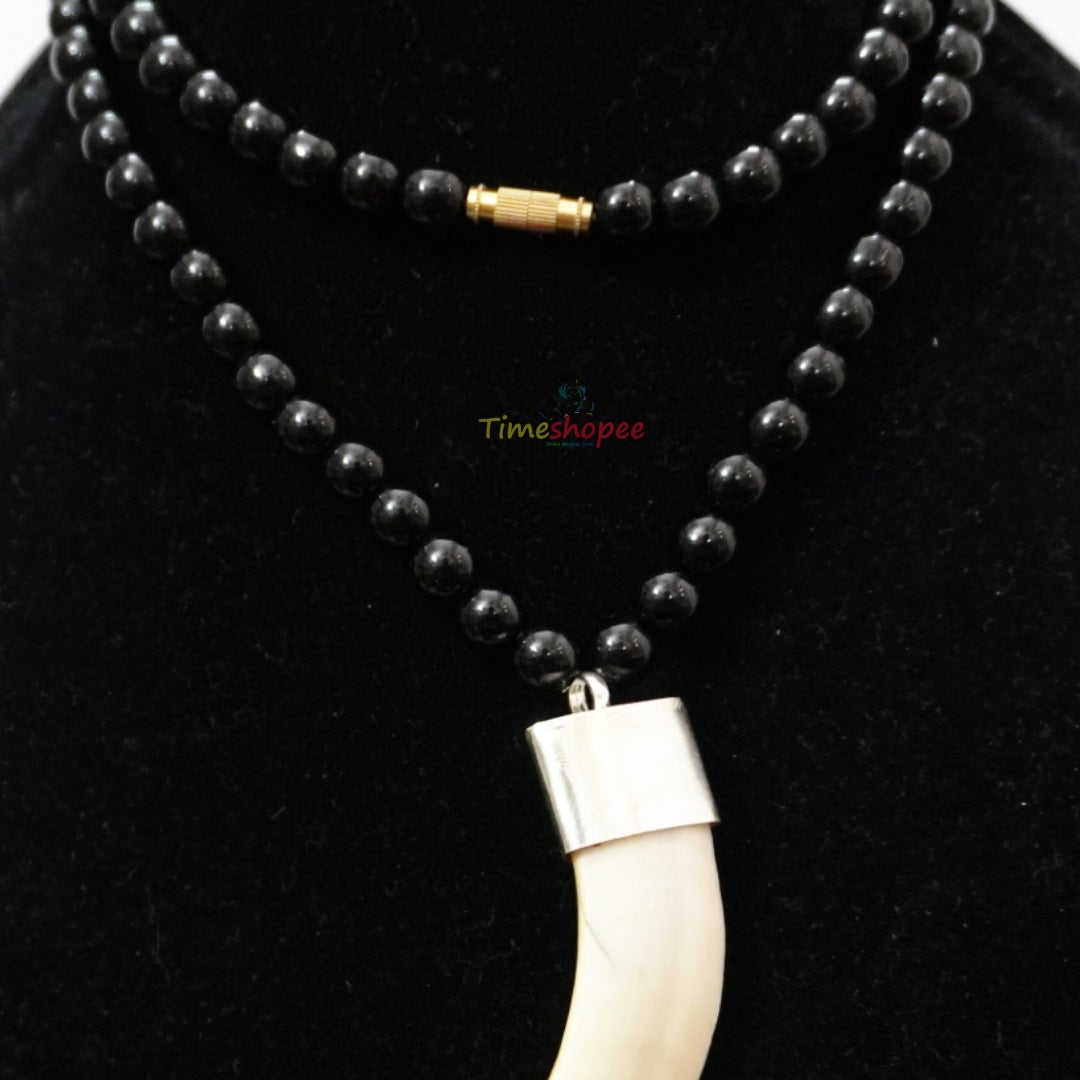 Big Wild Boar Teeth Energized with Silver Locket Cap in Black Hakik Mala | Timeshopee
